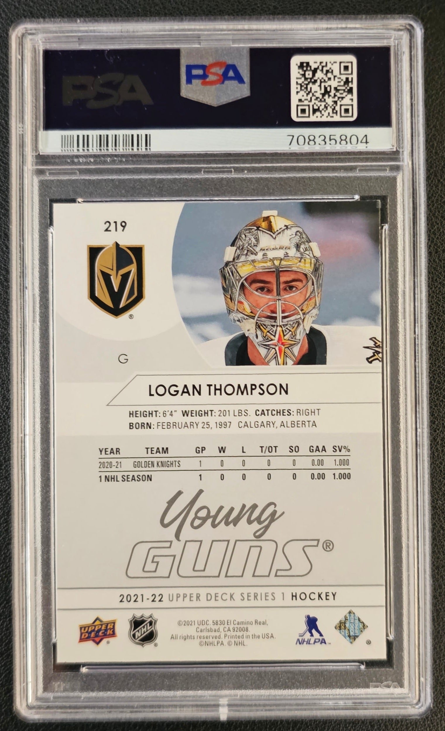 Logan Thompson Young Guns (Rookie) #219 Graded PSA 10 - 2021/22 Series 1