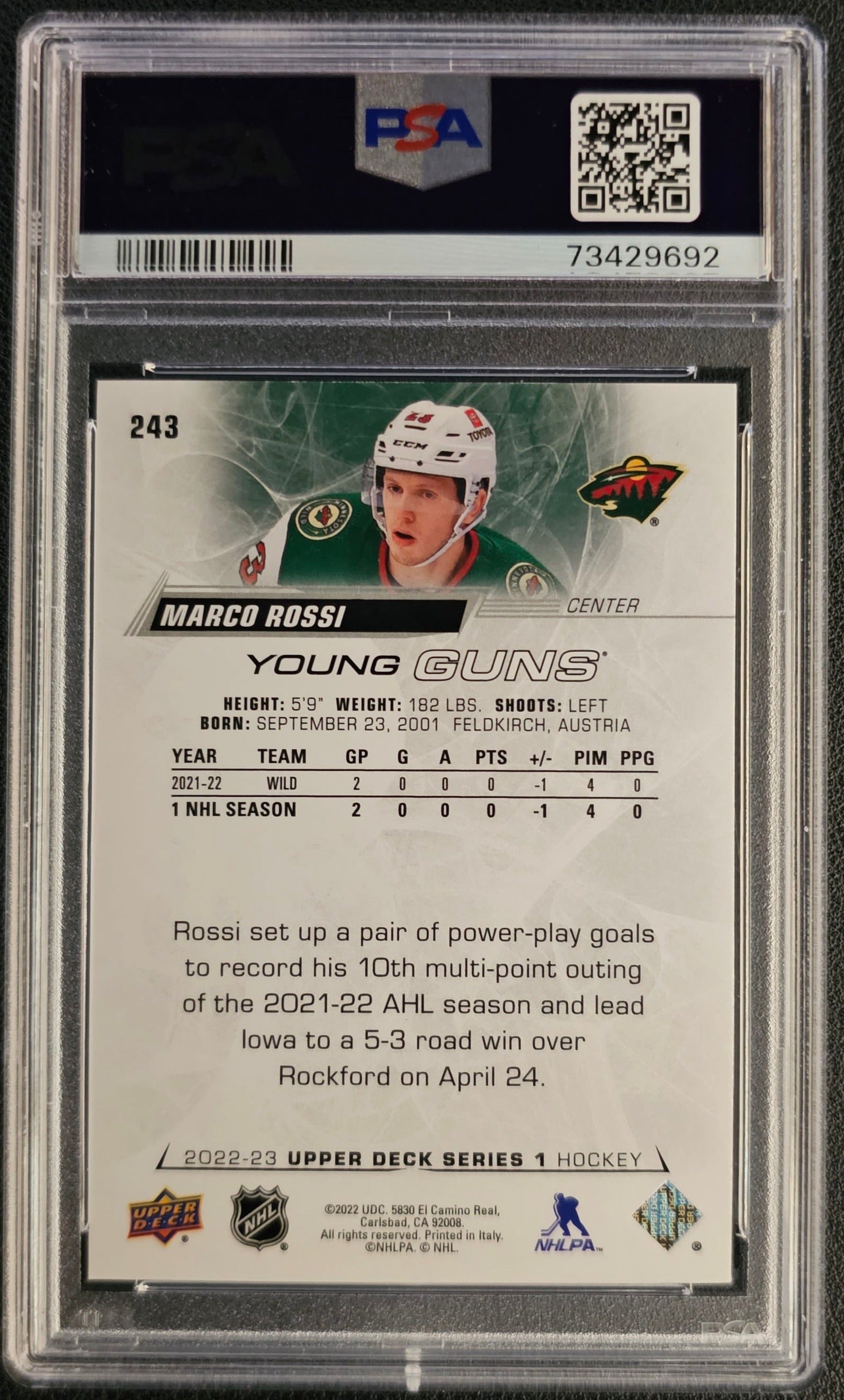 Marco Rossi Young Guns (Rookie) #243 Graded PSA 10 - 2022/23 Series 1