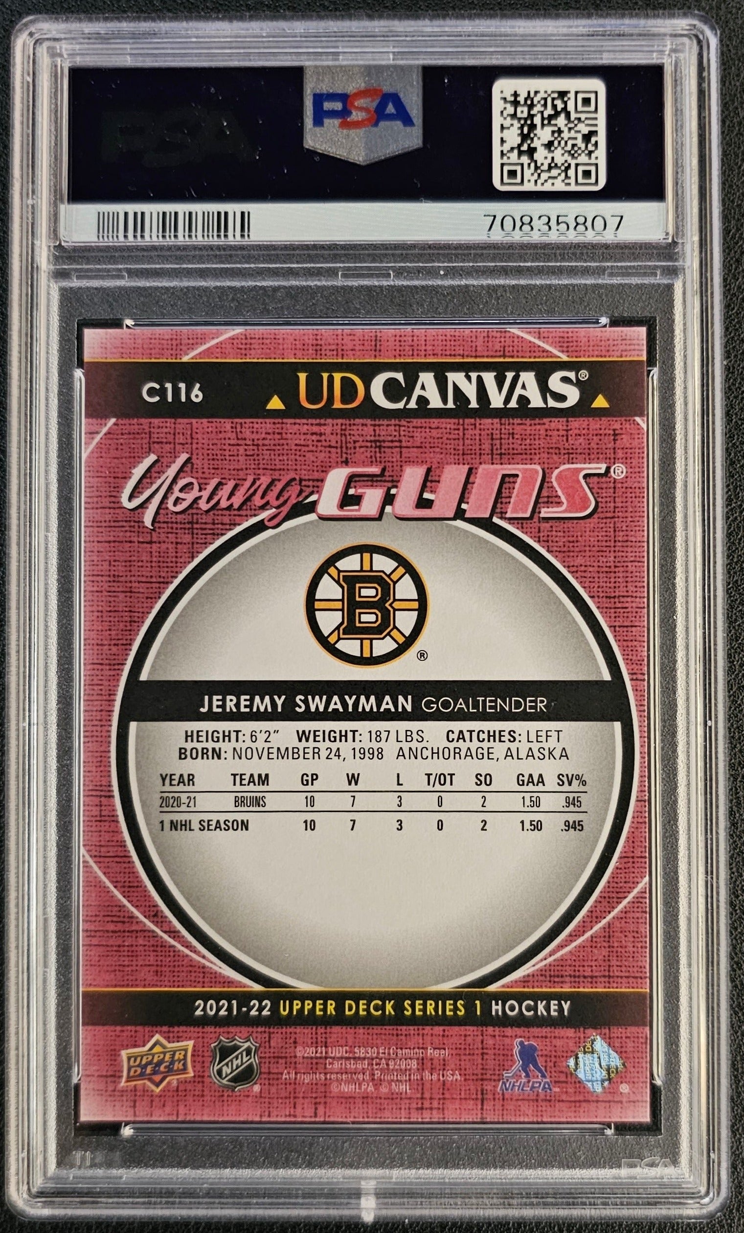 Jeremy Swayman Young Guns Canvas (Rookie) Graded PSA 10 - 2021/22 Series 1