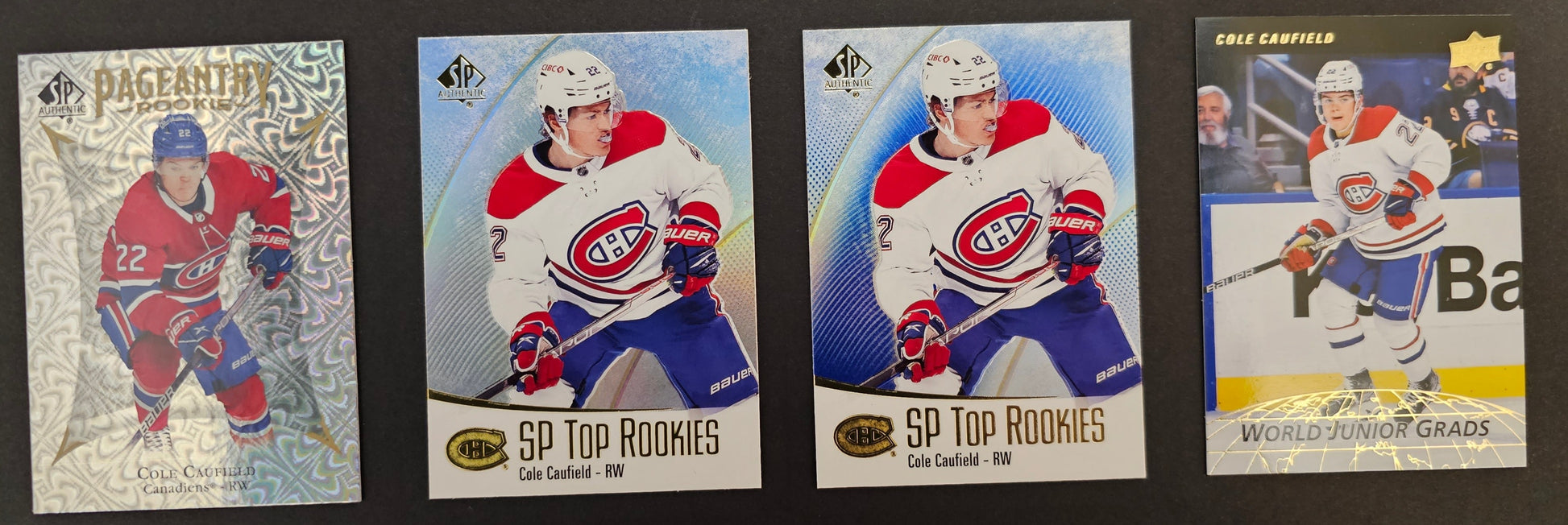 Cole Caufield - 4 Card Rookie Lot - SP Top Rookies Reg & Blue / Pageantry Rookie / World Junior Grads Gold