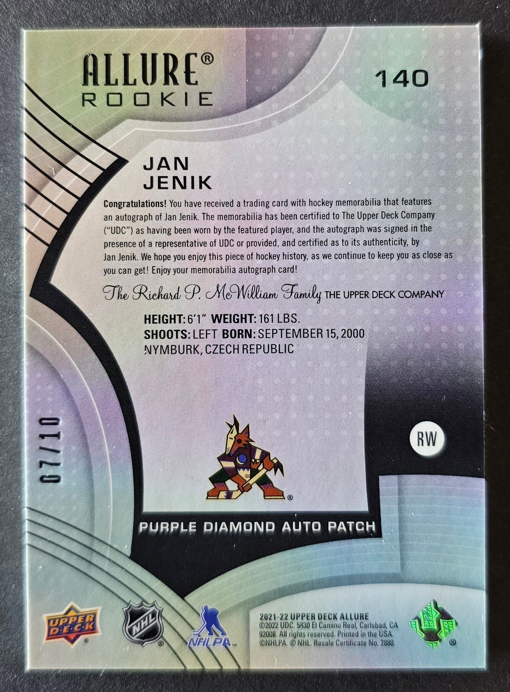 Jan Jenik Purple Diamond Rookie Auto Patch 07/10 - 2021/22 Allure