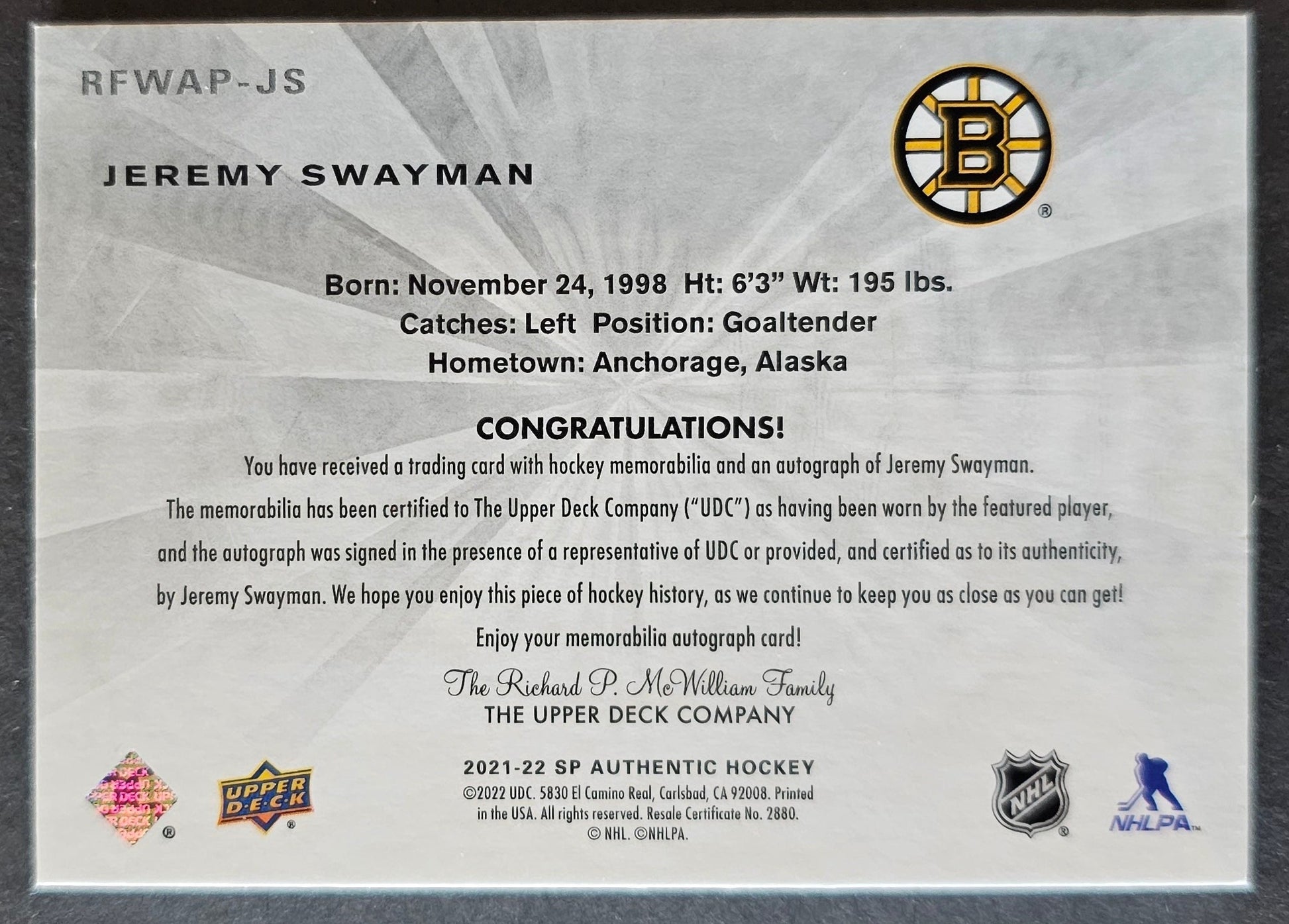 Jeremy Swayman Retro Future Watch Limited Auto Patch 61/99 - 2021/22 SP Authentic