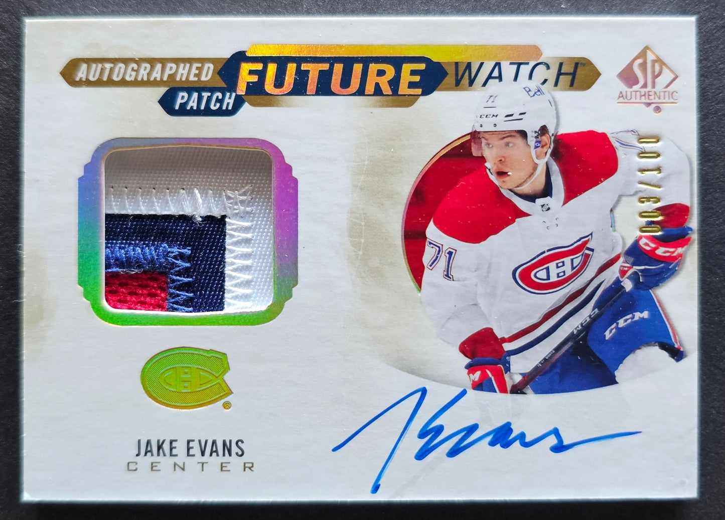 Jake Evans Future Watch Auto Patch 003/100 - 2020/21 SP Authentic