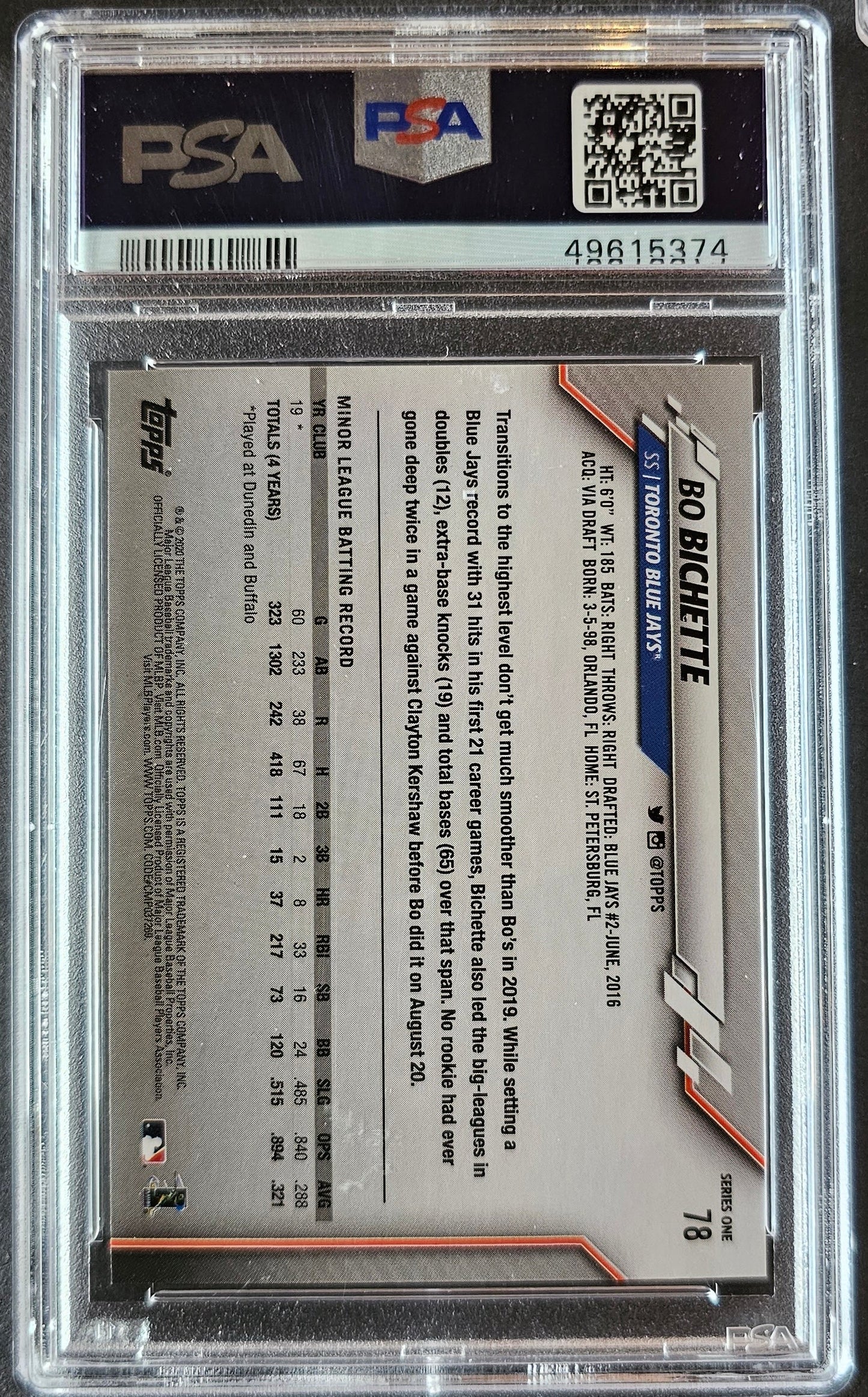 Bo Bichette Rookie #78 Graded PSA 10 - 2020 Topps