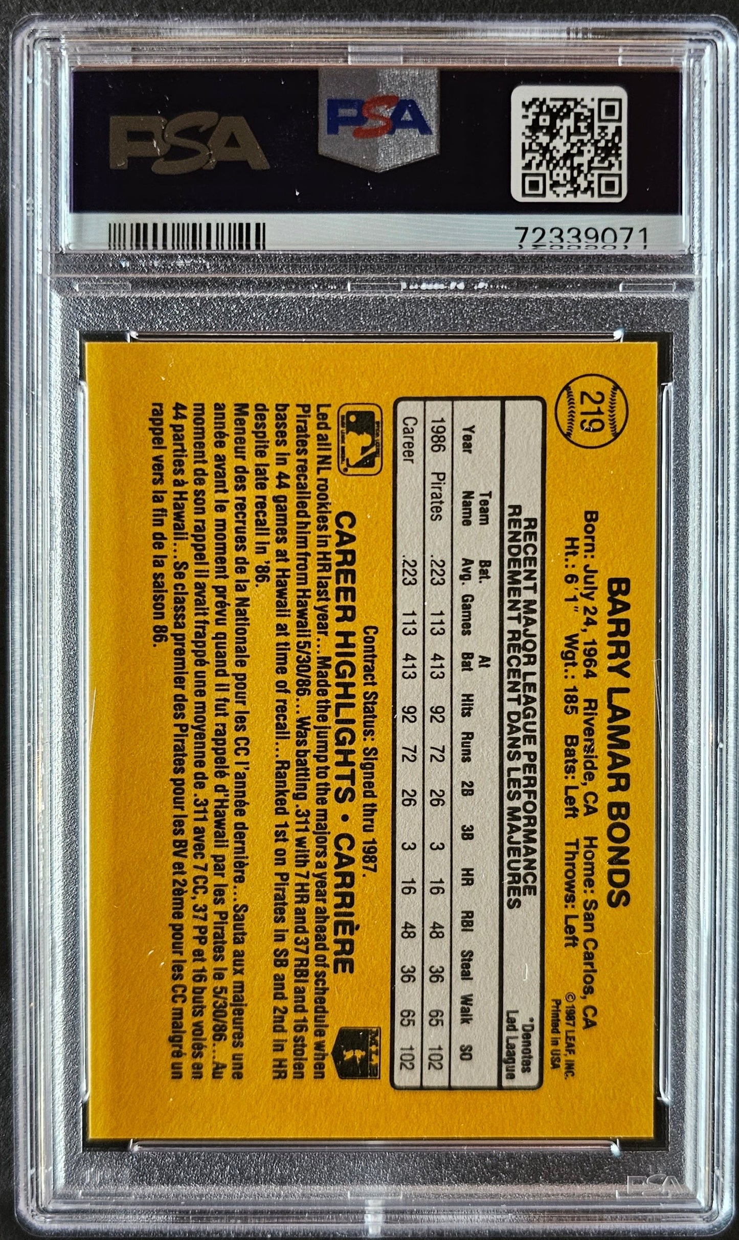 Barry Bonds Rookie #219 Graded PSA 6 - 1987 Leaf