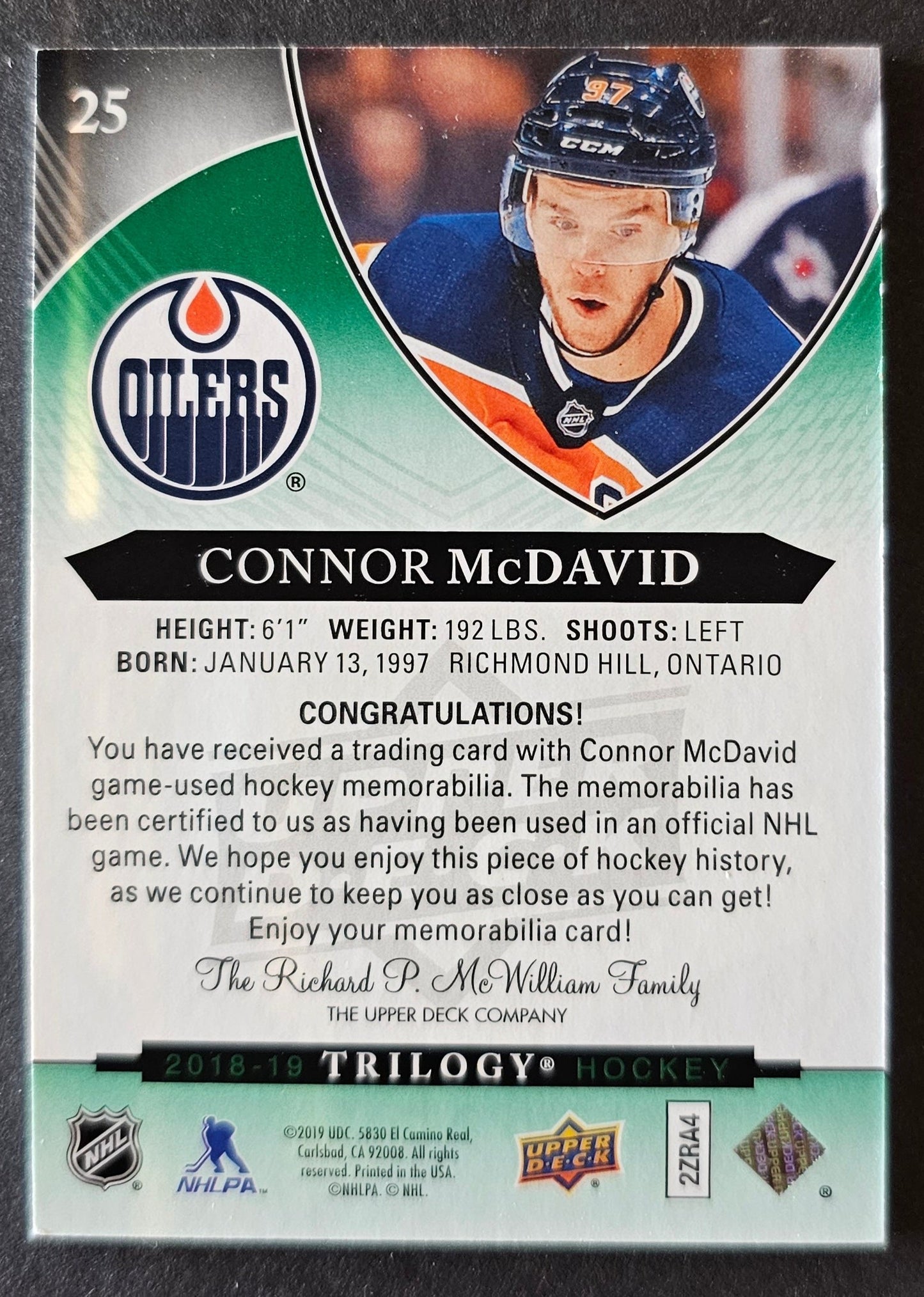 Connor McDavid Trilogy Jersey 01/61 - 2018/19 Trilogy