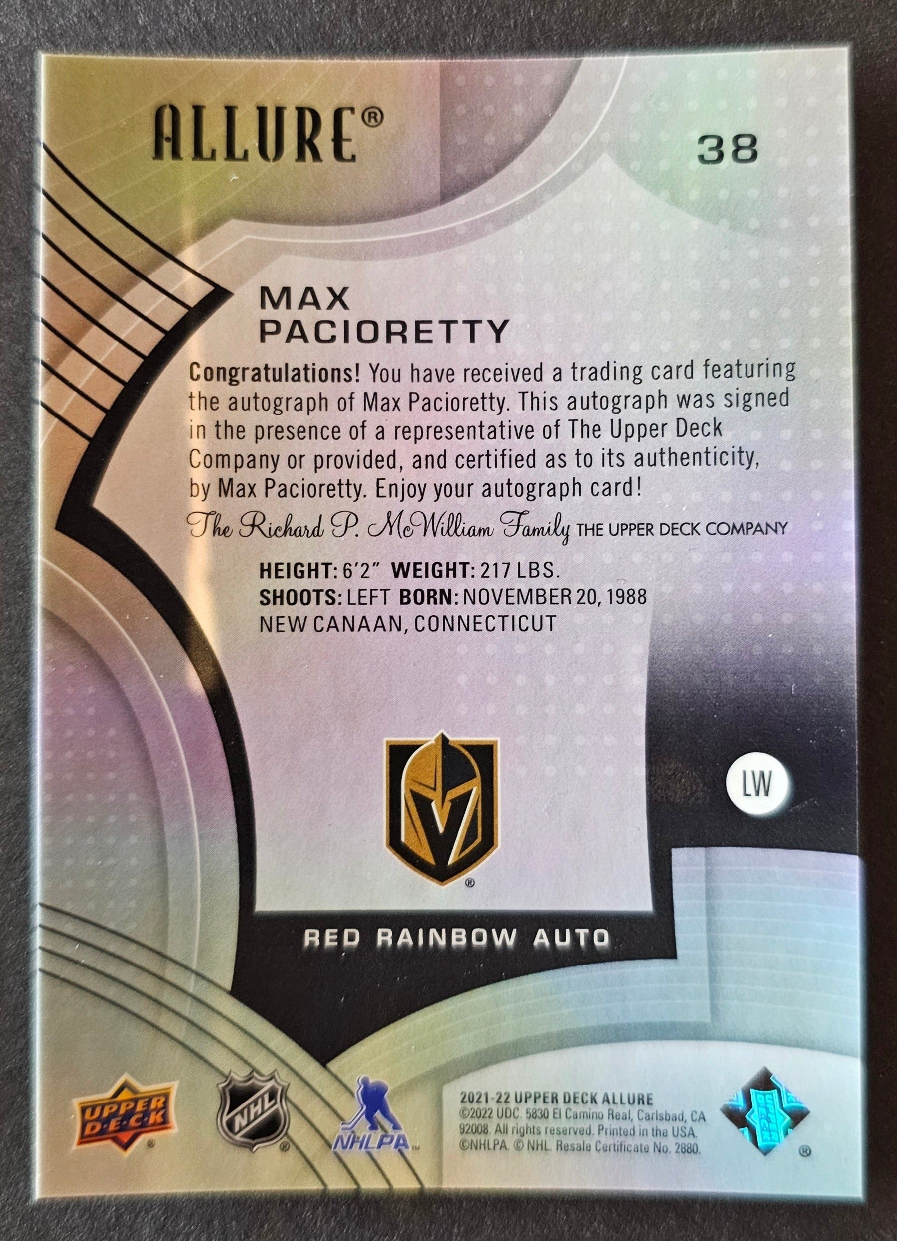 Max Pacioretty Red Rainbow Auto - 2021/22 Allure