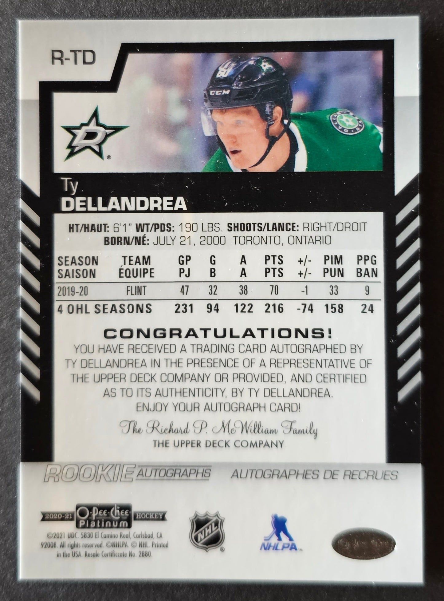 Ty Dellandrea Rookie Autographs - 2020/21 O-Pee-Chee Platinum