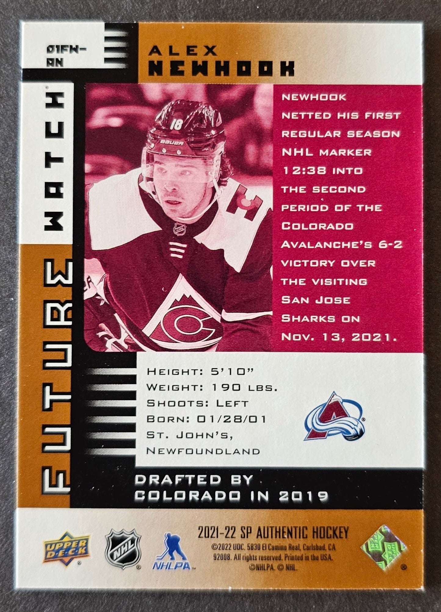 Alex Newhook SP Limited '01' Future Watch 127/150 - 2021/22 SP Authentic