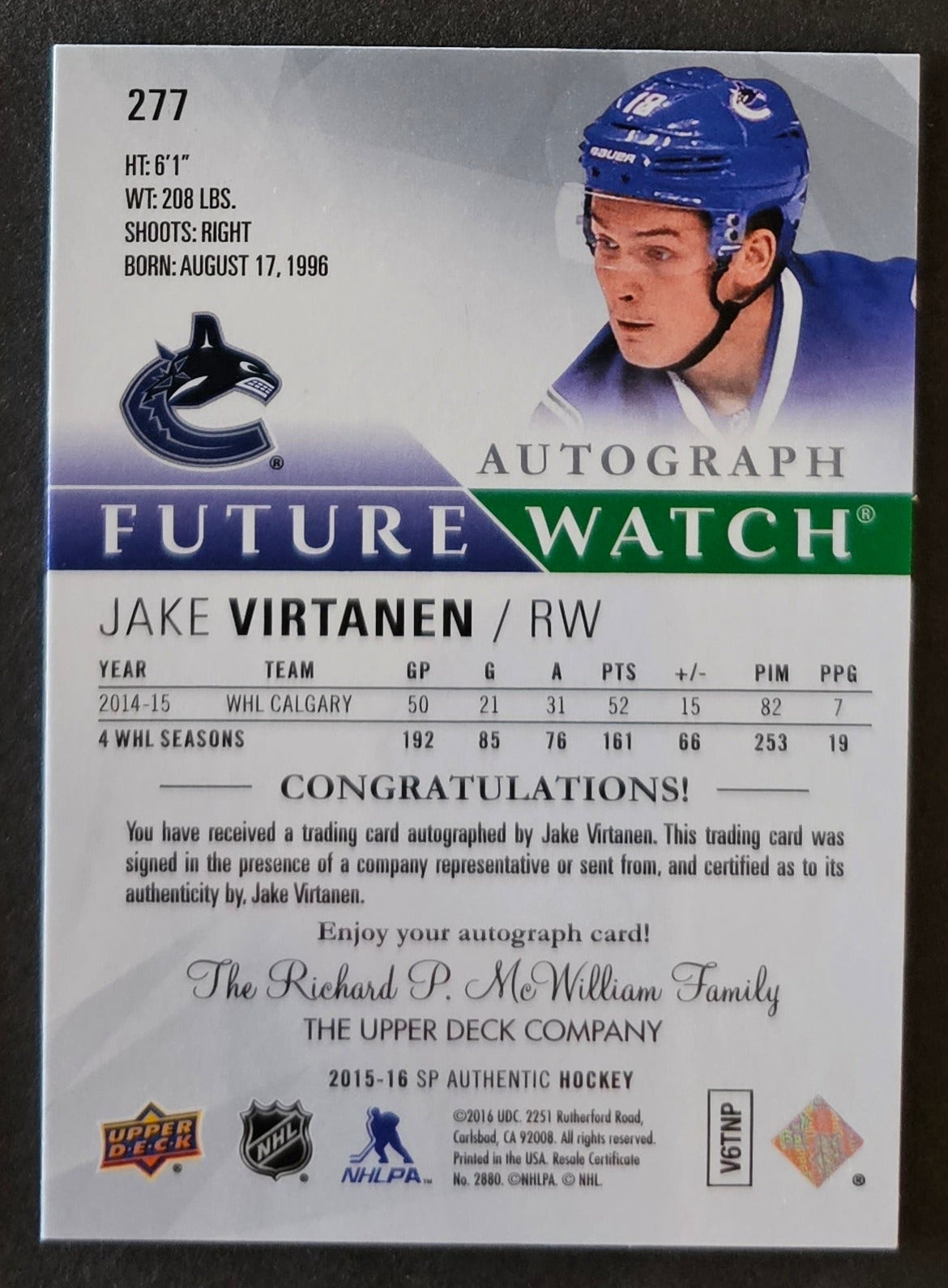 Jake Virtanen Future Watch Auto /999 - 2015/16 SP Authentic