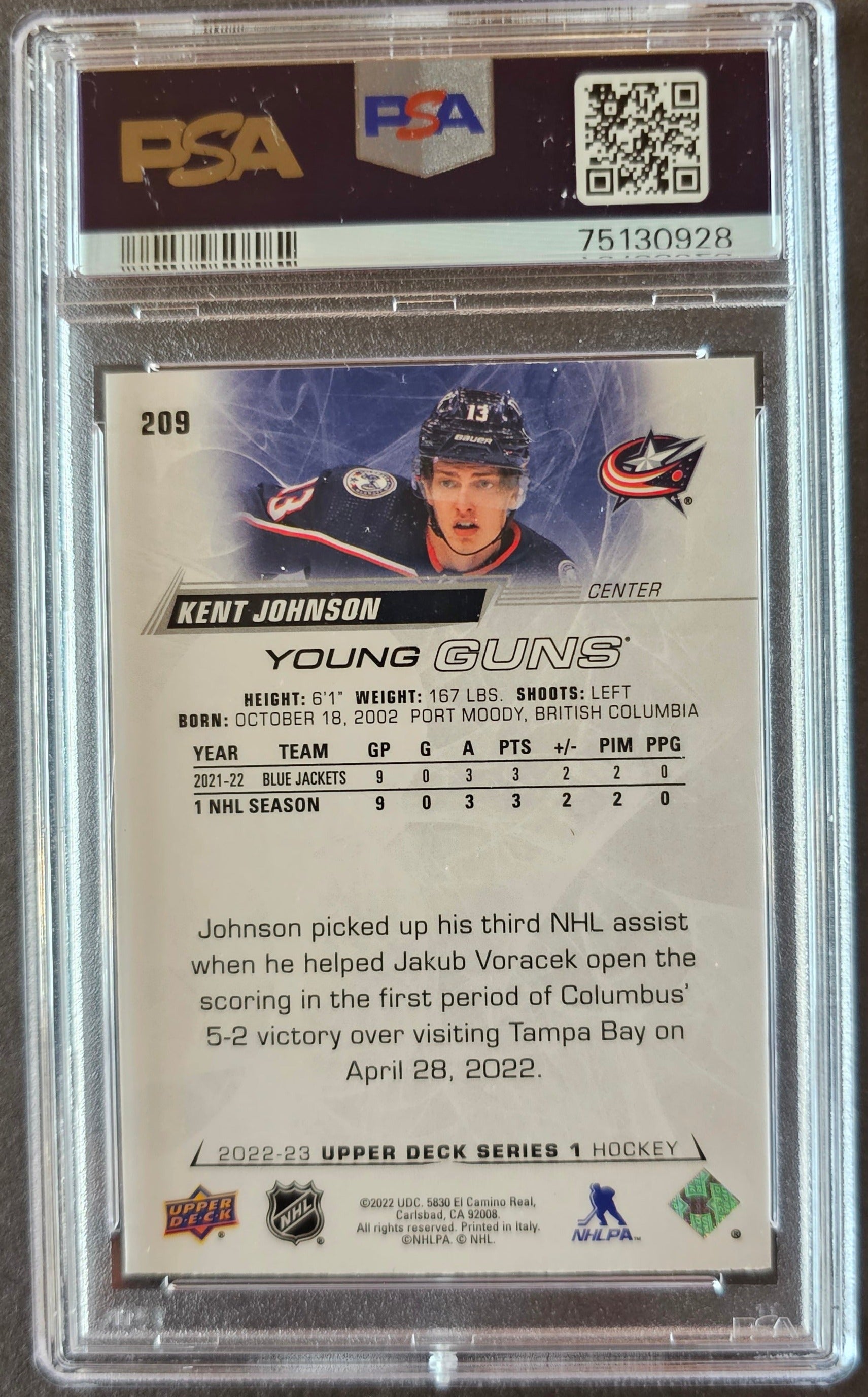 Kent Johnson Young Guns (Rookie) #209 Graded PSA 9 - 2022/23 Series 1