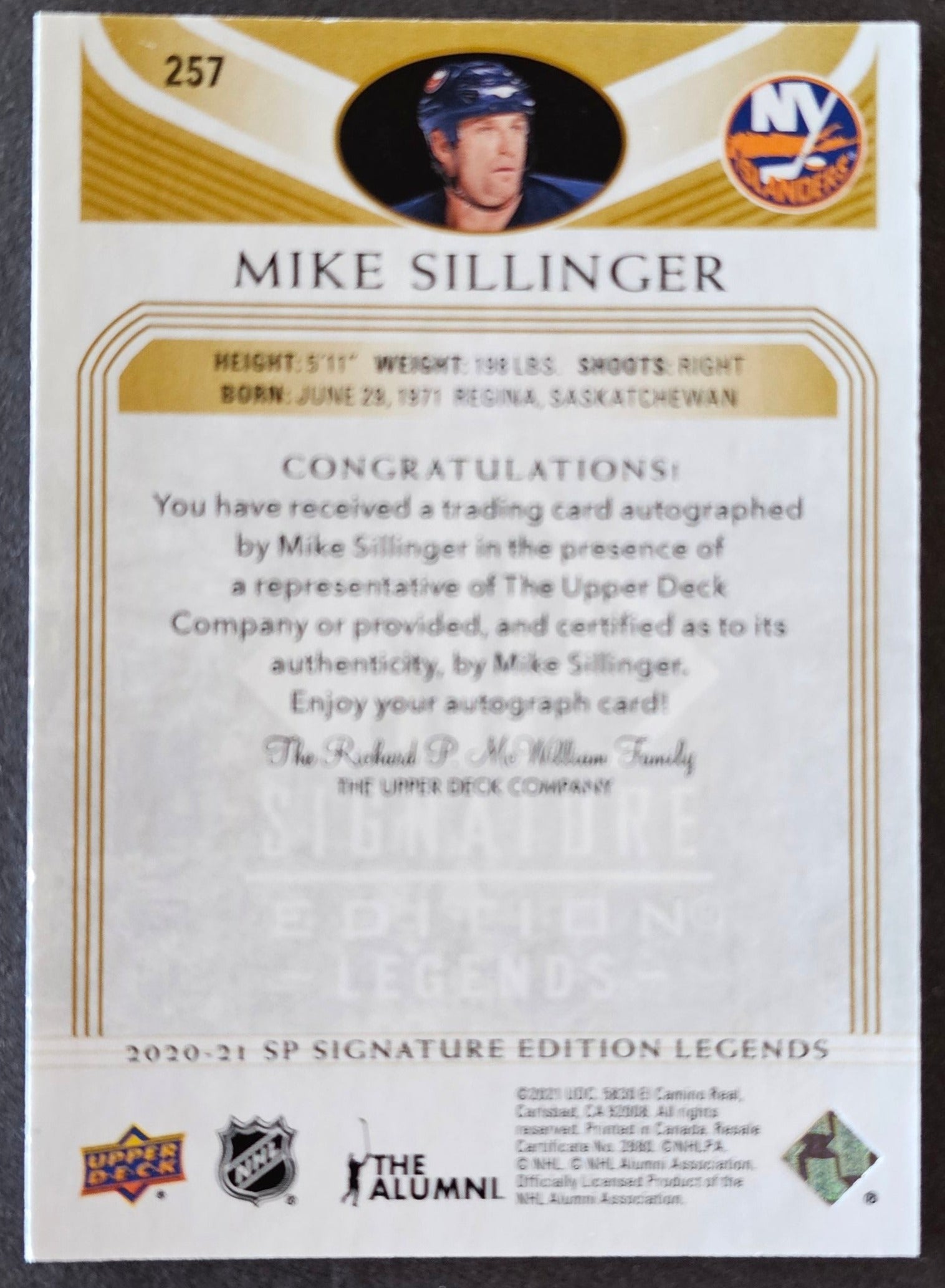 Mike Sillinger Gold Legends Auto - 2020/21 SP Signature Edition Legends