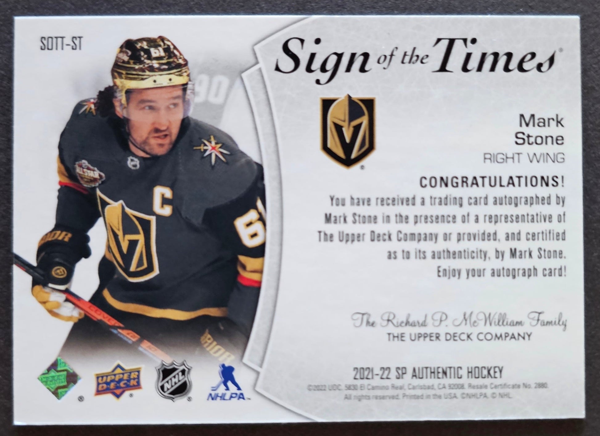 Mark Stone Sign Of The Times Auto - 2021/22 SP Authentic