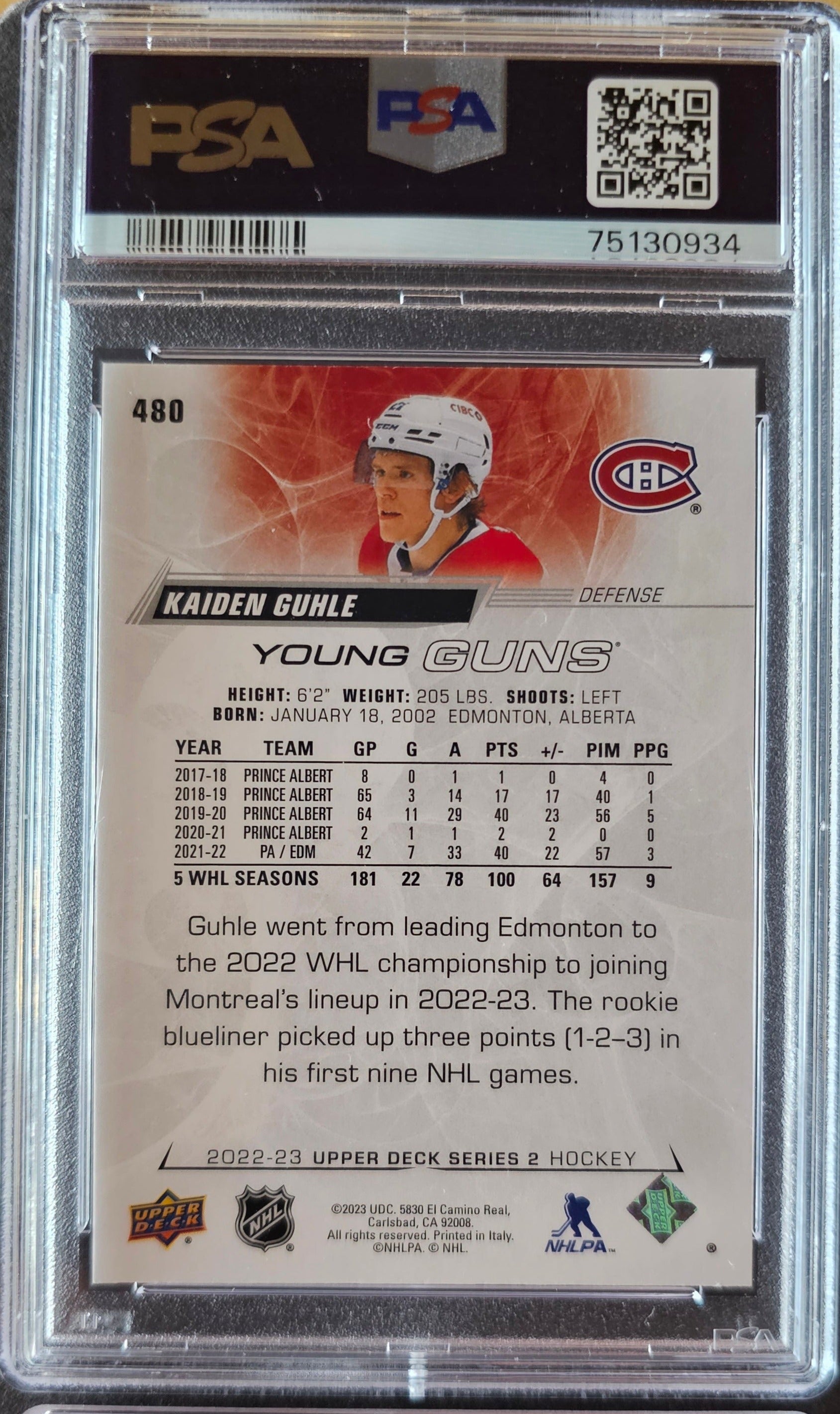 Kaiden Guhle Young Guns (Rookie) #480 Graded PSA 10 - 2022/23 Series 2