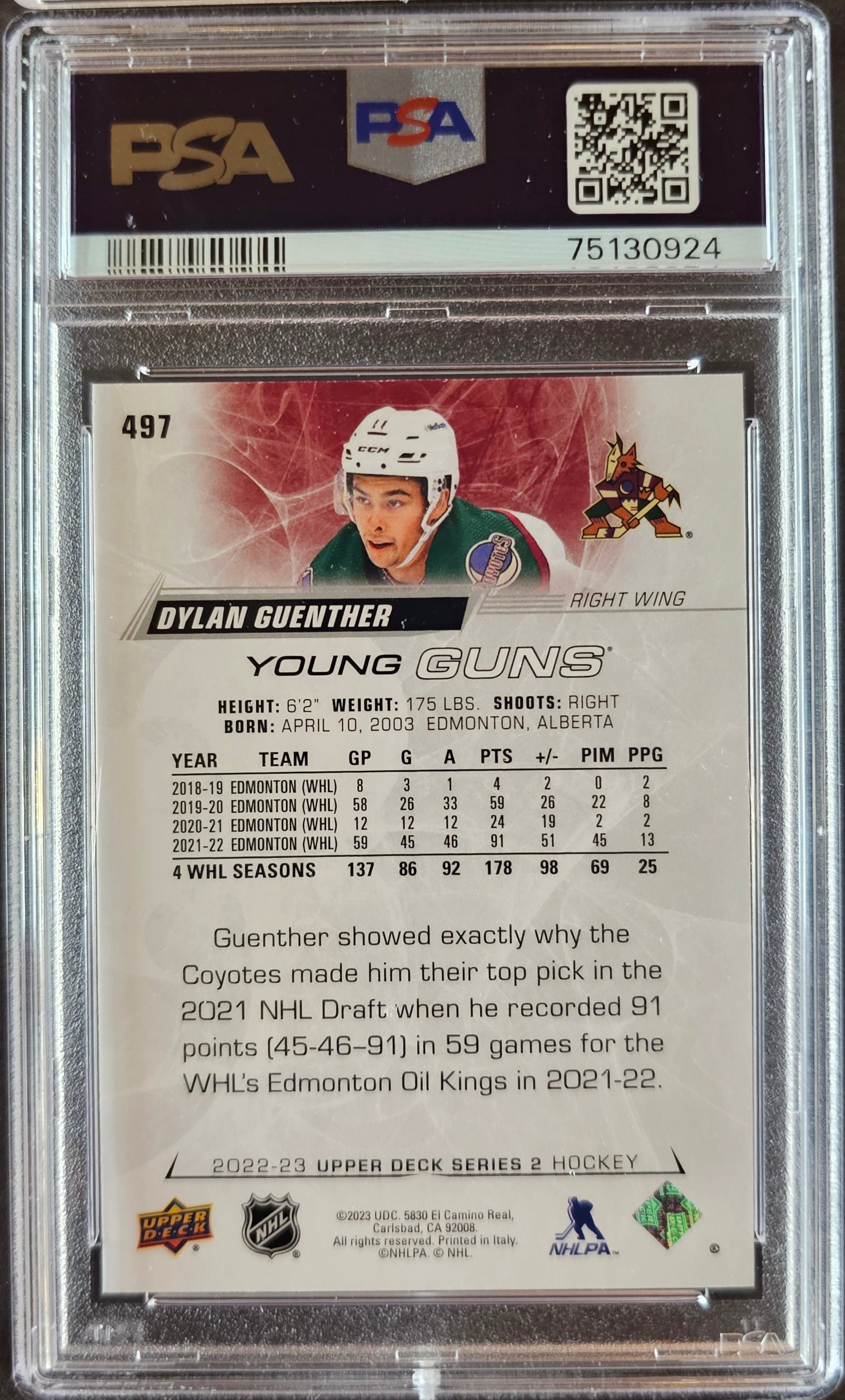 Dylan Guenther Young Guns (Rookie) #497 Graded PSA 10 - 2022/23 Series 2