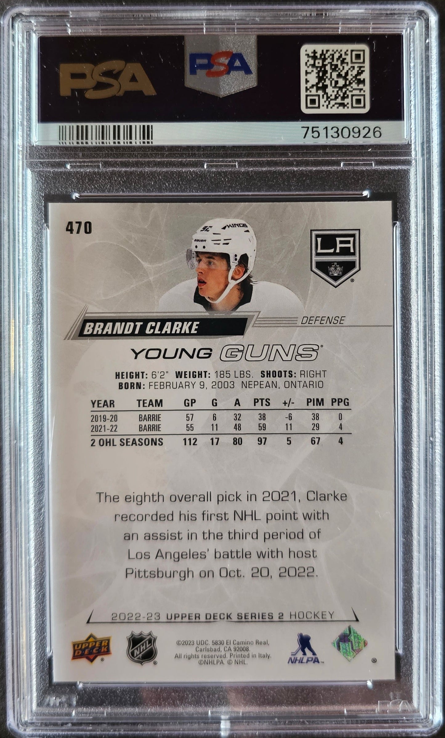 Brandt Clarke Young Guns (Rookie) #470 Graded PSA 10 - 2022/23 Series 2