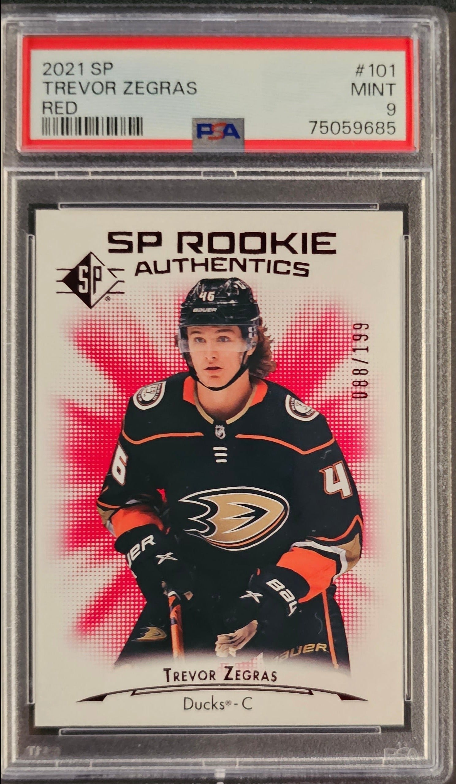 Trevor Zegras SP Rookie Authentics Red /199 Graded PSA 9 - 2021 SP Authentic