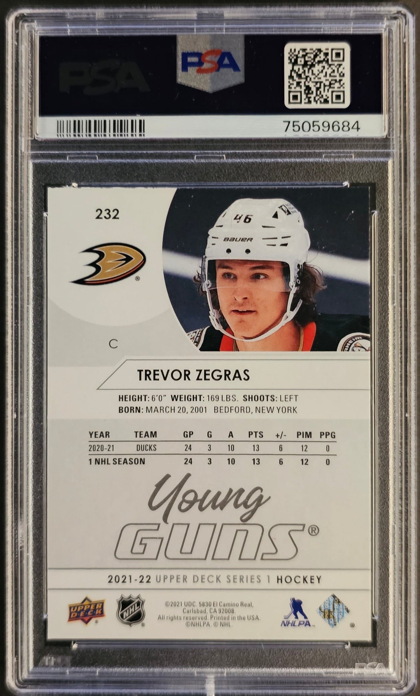 Trevor Zegras Young Guns (Rookie) #232 Graded PSA 9 - 2021/22 Series 1