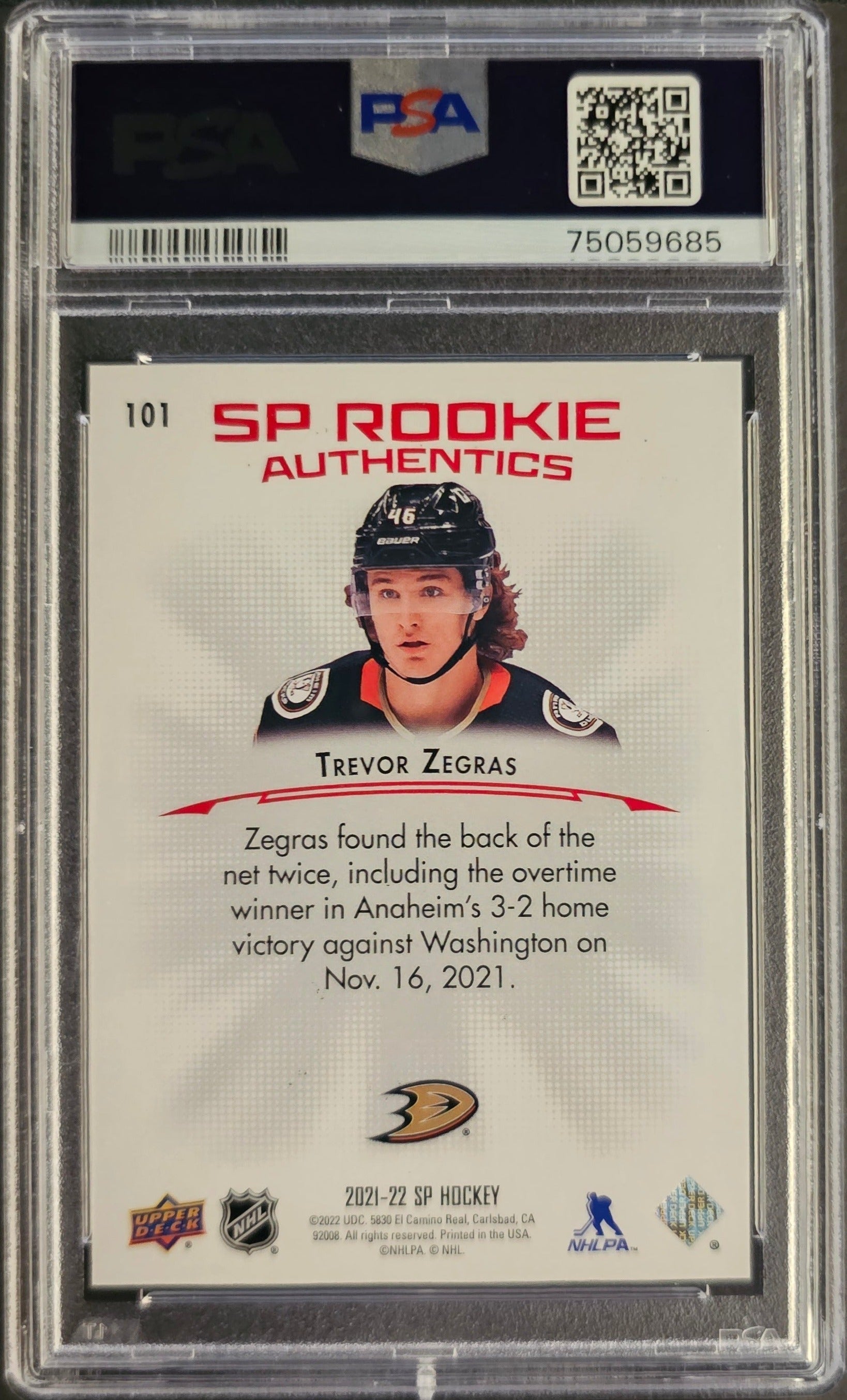 Trevor Zegras SP Rookie Authentics Red /199 Graded PSA 9 - 2021 SP Authentic