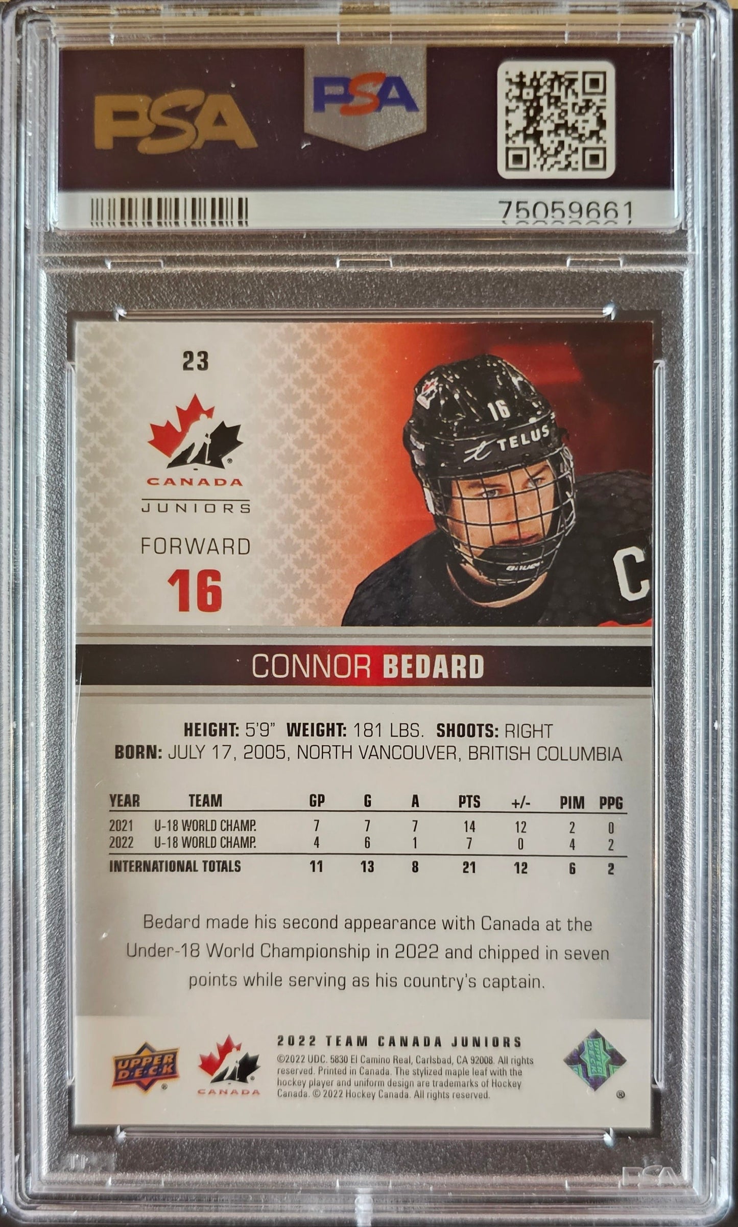 Connor Bedard Team Canada #23 Graded PSA 10 - 2022 Team Canada Juniors