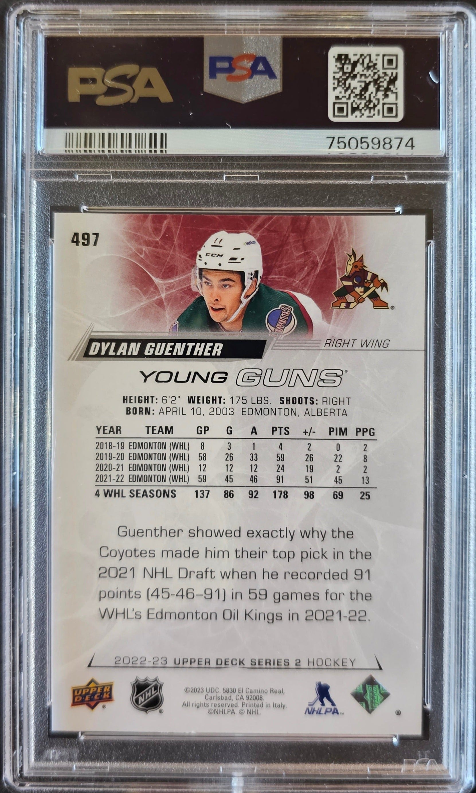 Dylan Guenther Young Guns (Rookie) #497 Graded PSA 9 - 2022/23 Series 2