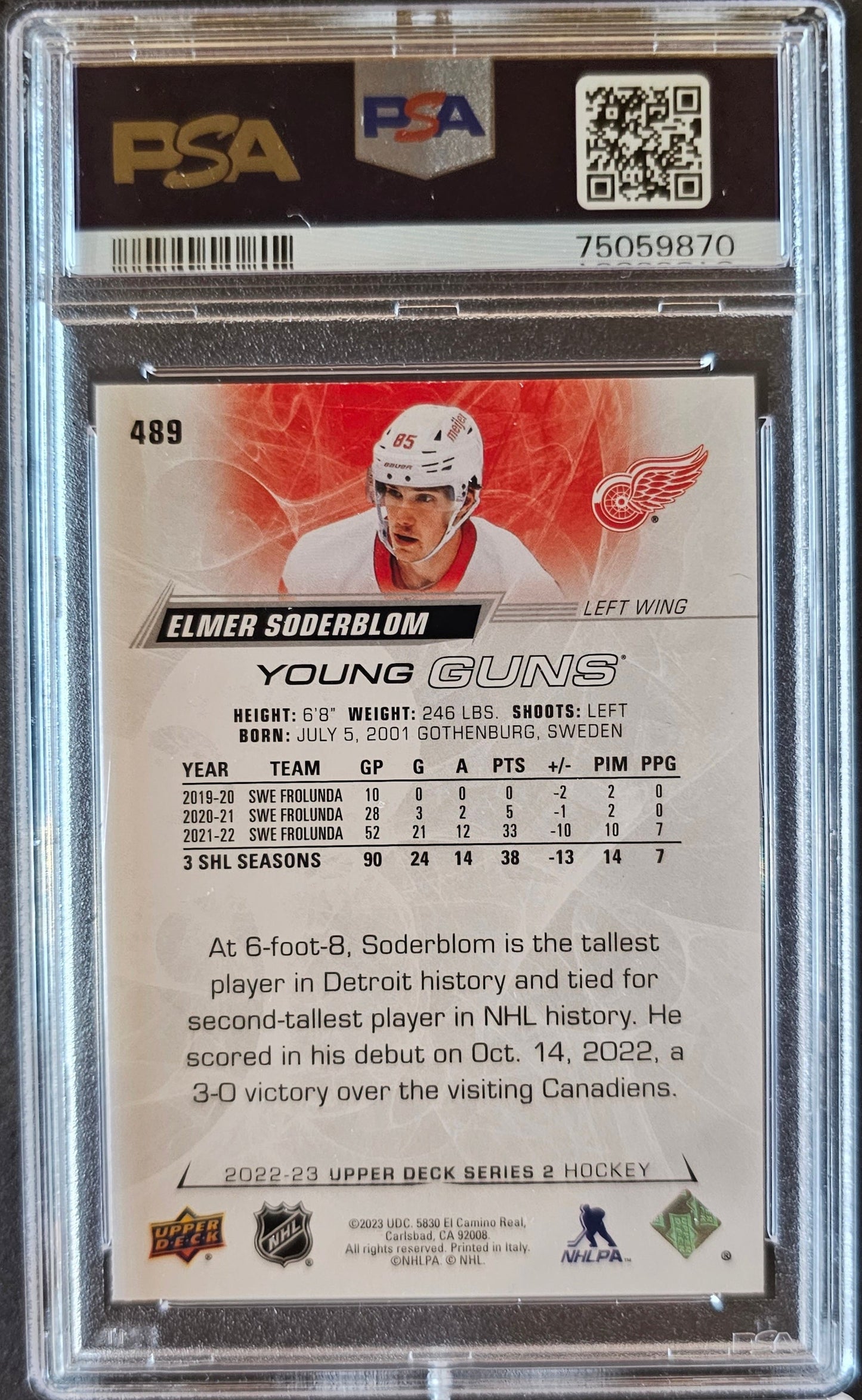 Elmer Soderblom Young Guns (Rookie) #489 Graded PSA 9 - 2022/23 Series 2