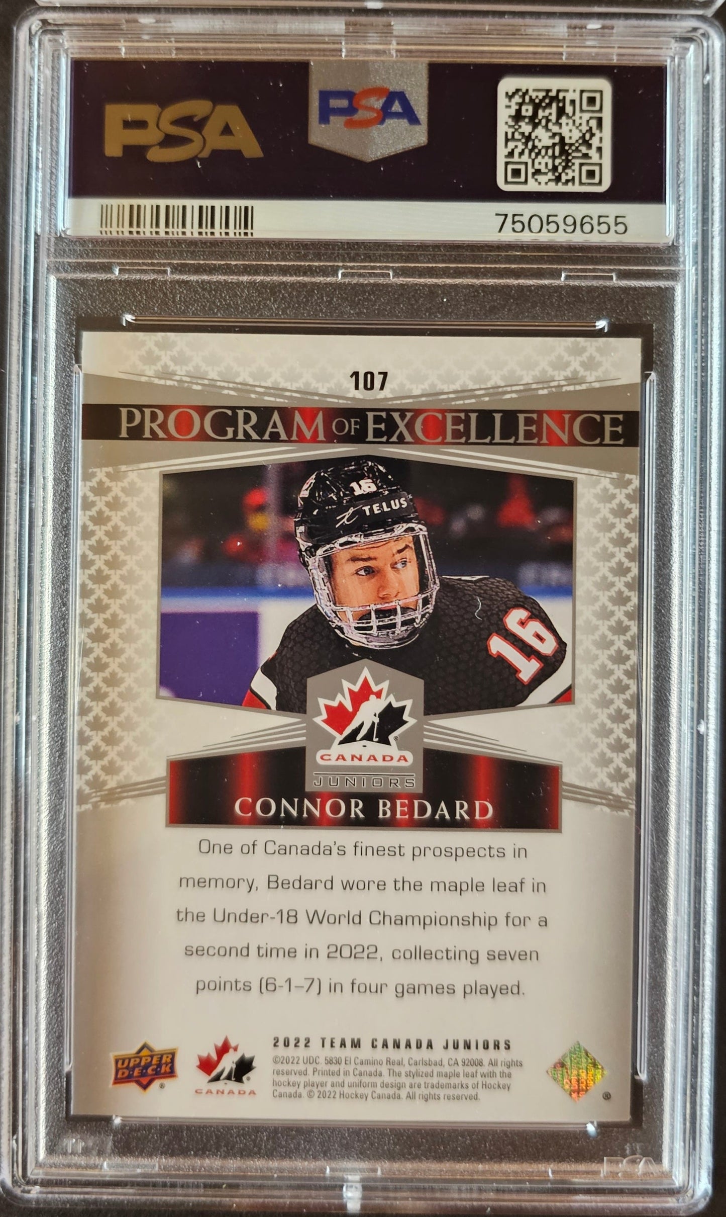 Connor Bedard Program of Excellence #107 Graded PSA 10 - 2022 Team Canada Juniors