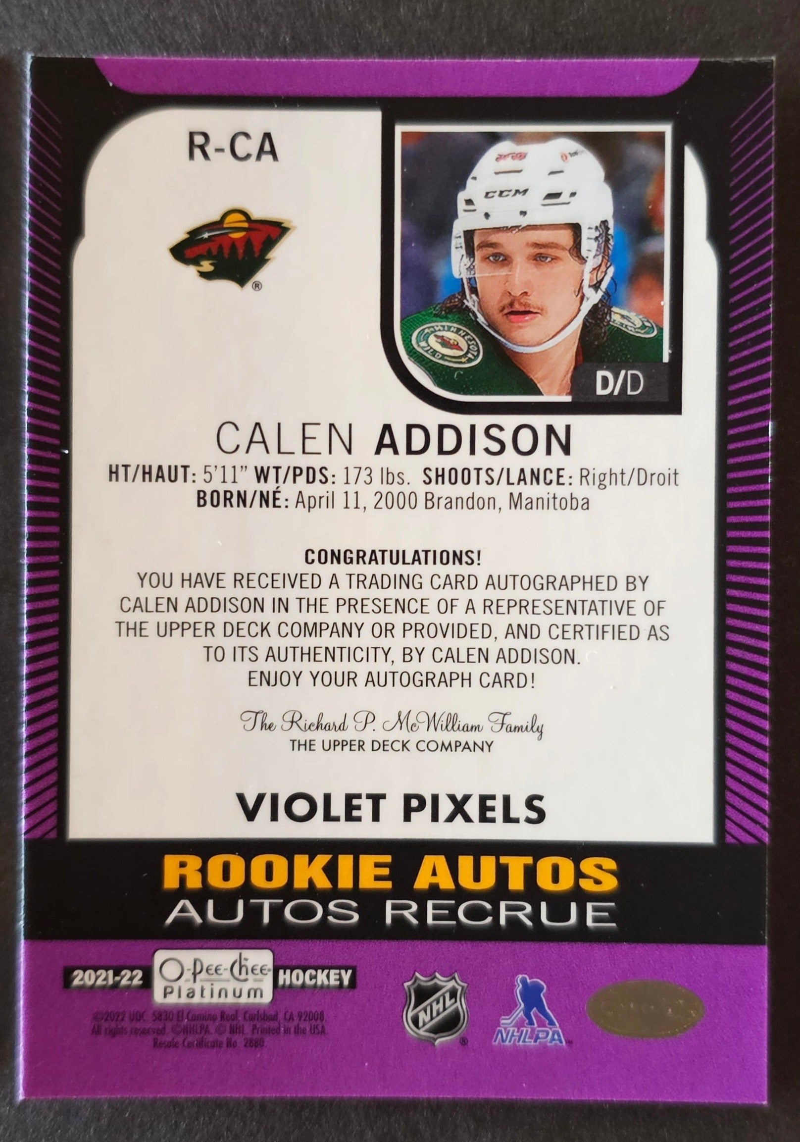 Calen Addison Violet Pixels Rookie Auto - 2021/22 O-Pee-Chee Platinum