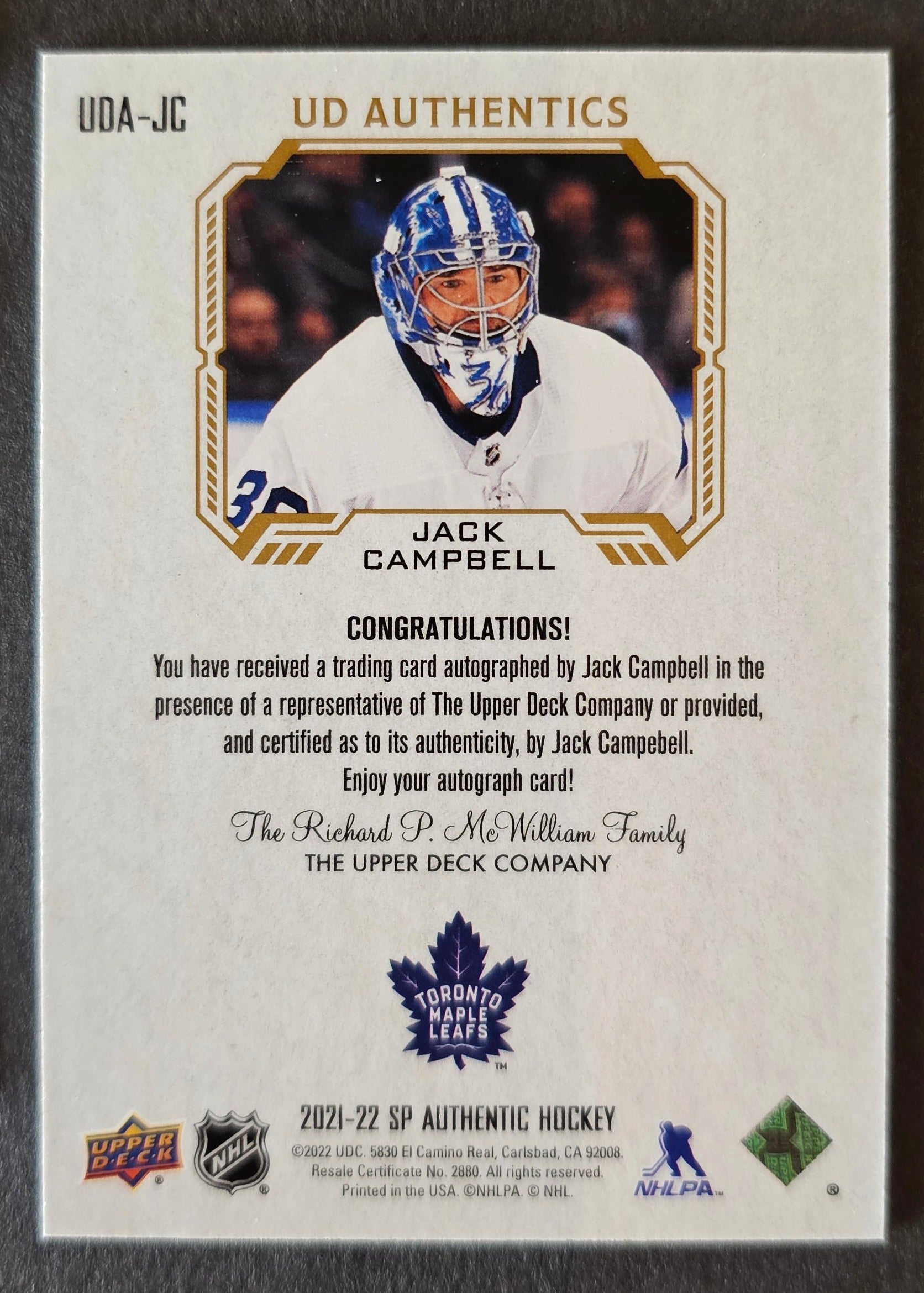 Jack Campbell UD Authentics Auto - 2021/22 SP Authentic