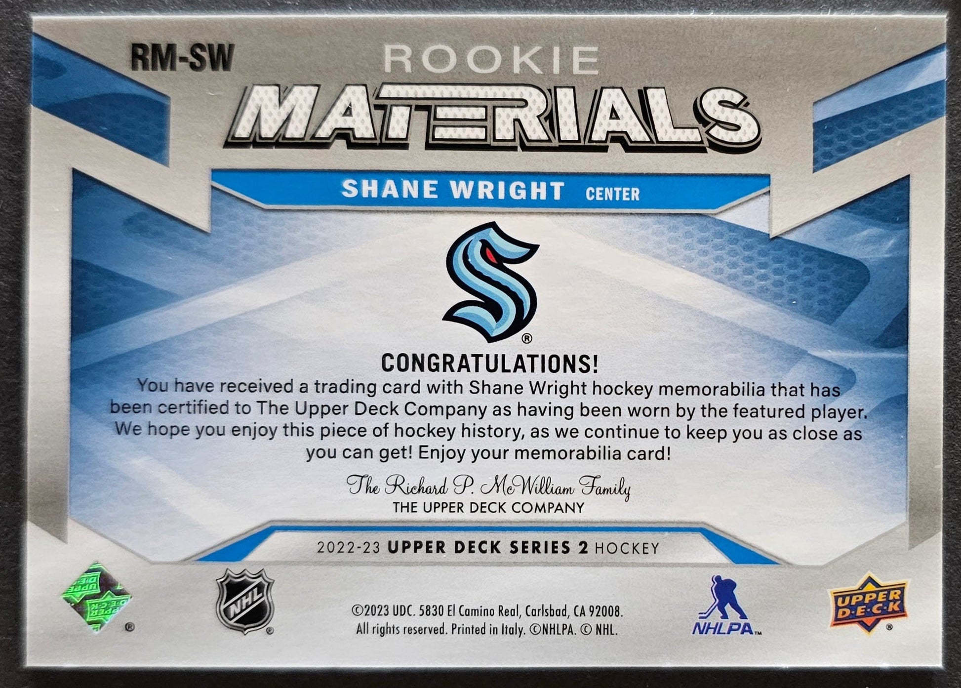 Shane Wright Rookie Materials Jersey - 2022/23 Series 2 – Pro Shop Sports