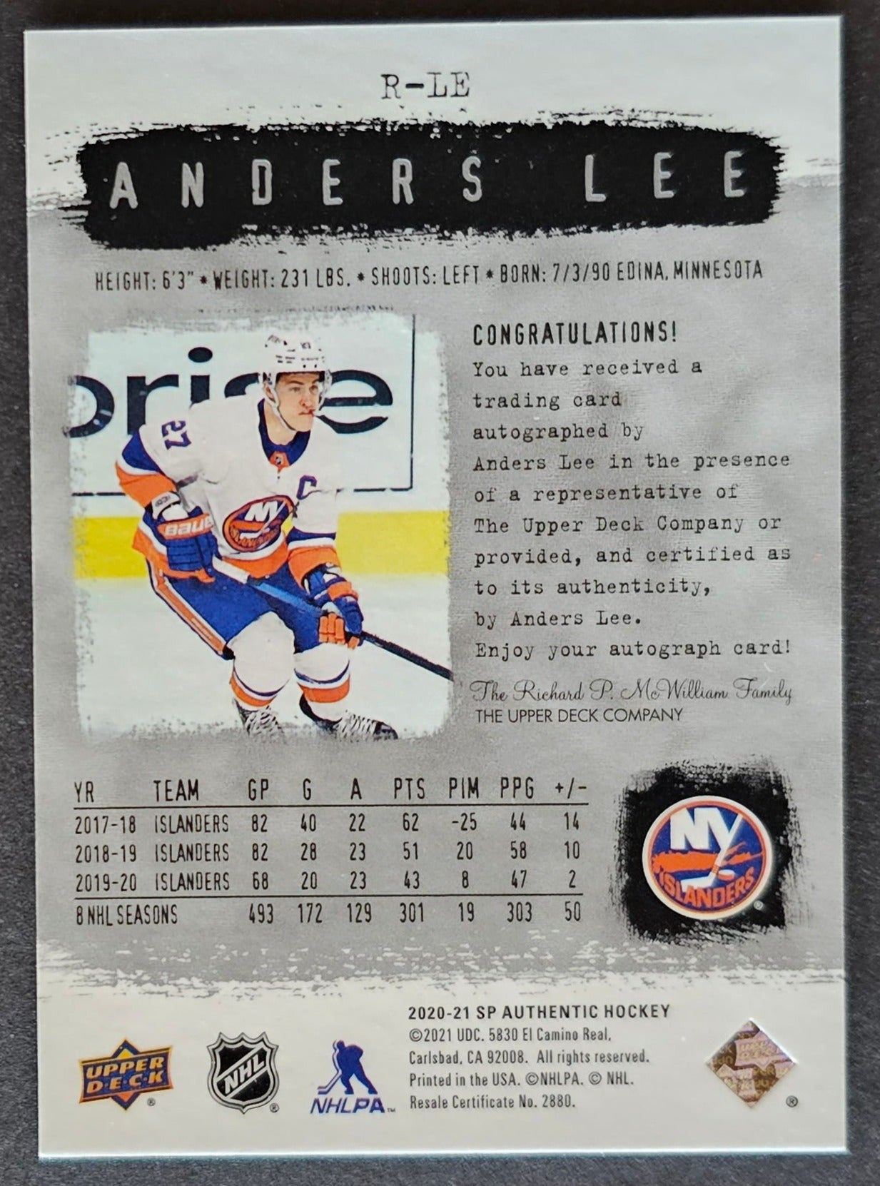 Anders Lee Retro Auto /199 - 2020/21 SP Authentic