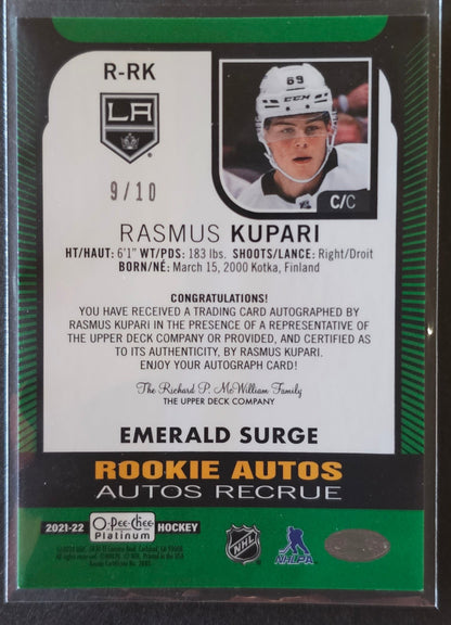 Kasmus Kupari Rookie Autos R-RK Emerald Surge 9/10 - 2021/22 O-Pee-Chee Platinum