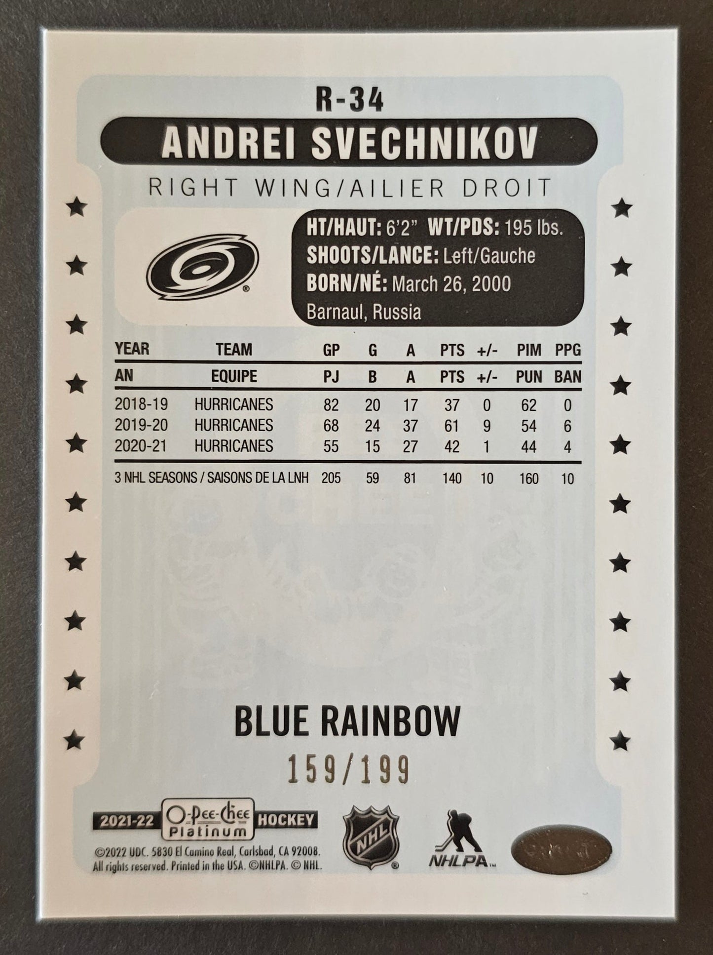 Andrei Svechnikov OPC Retro Blue Rainbow /199 R-34 - 2021/22 O-Pee-Chee Platinum