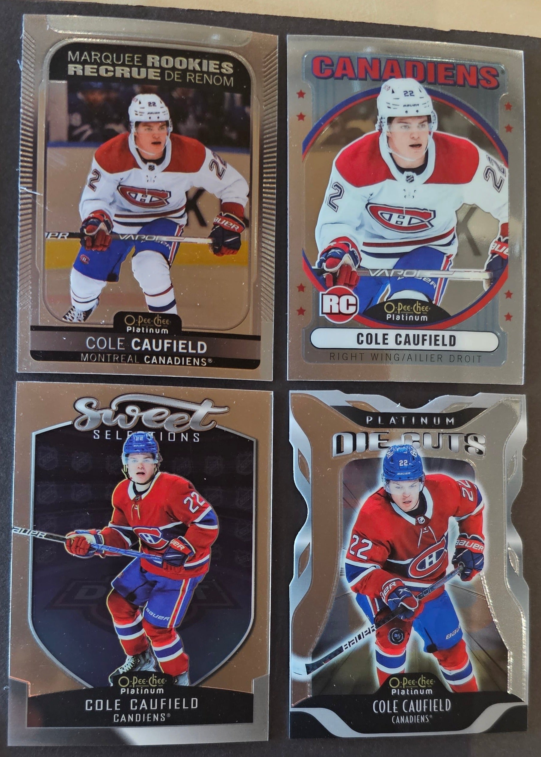 Cole Caufield Rookie 4 Card Lot - Marquee Rookie / OPC Retro / Die-Cut / Sweet Selections - 2021/22 O-Pee-Chee Platinum