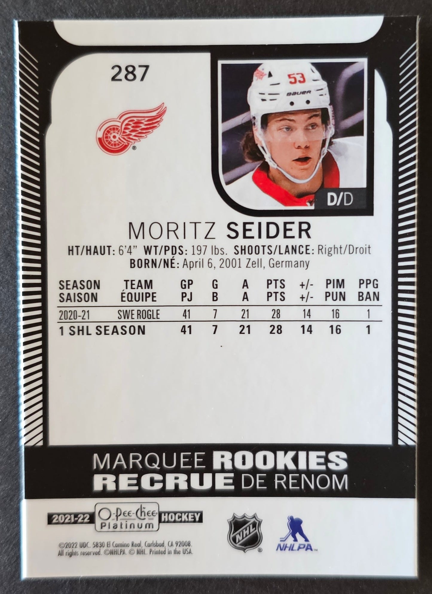 Moritz Seider Marquee Rookie #287 Matte Pink / Sunset / Base - 3 Card Lot - 2021/22 O-Pee-Chee Platinum