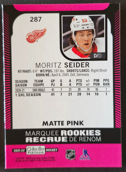 Moritz Seider Marquee Rookie #287 Matte Pink / Sunset / Base - 3 Card Lot - 2021/22 O-Pee-Chee Platinum