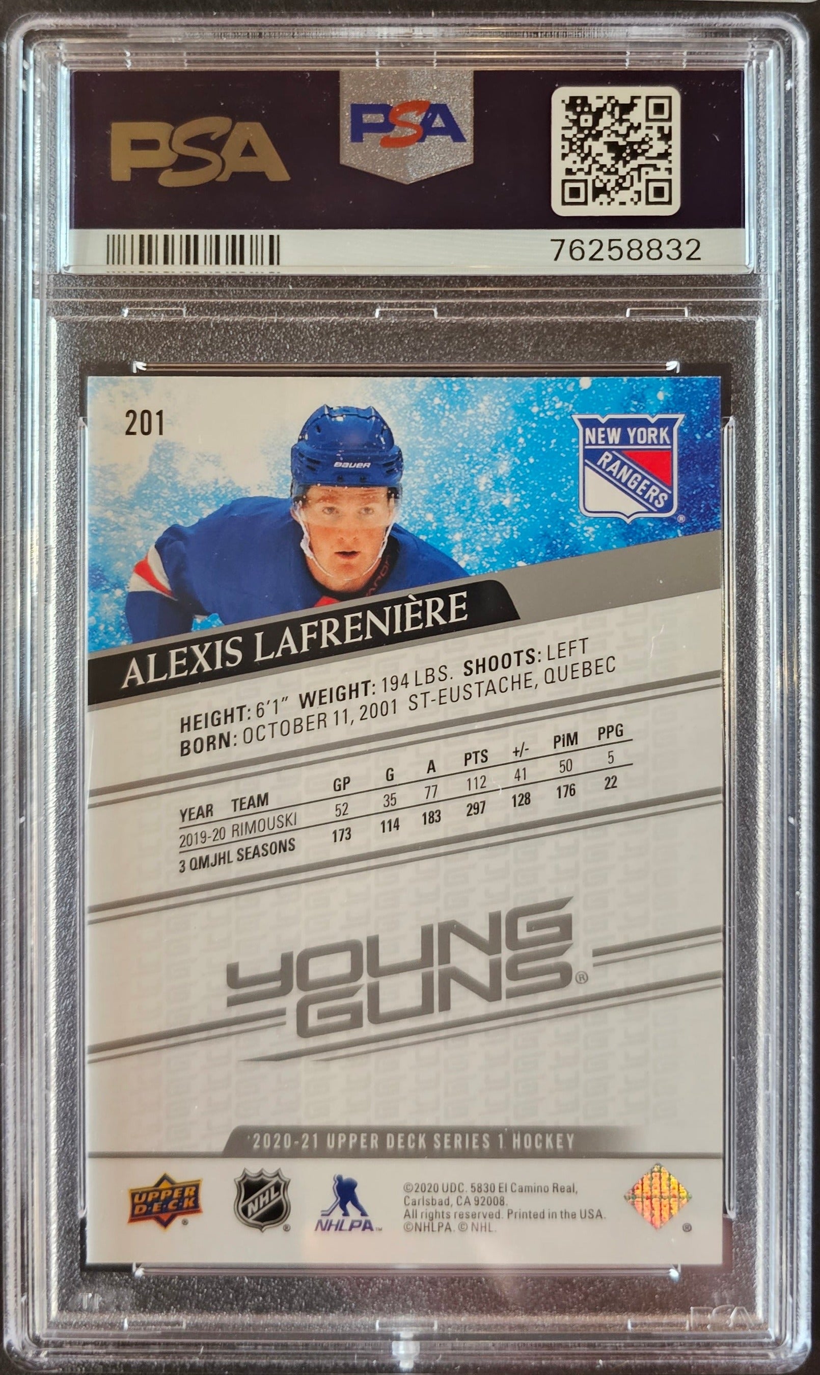 Alexis Lafreniere Young Guns (Rookie) #201 Graded PSA 9 - 2020/21 UD Series 1