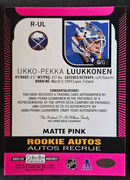 Ukko-Pekka Luukkonen Rookie Autos Matte Pink - 2021/22 O-Pee-Chee Platinum