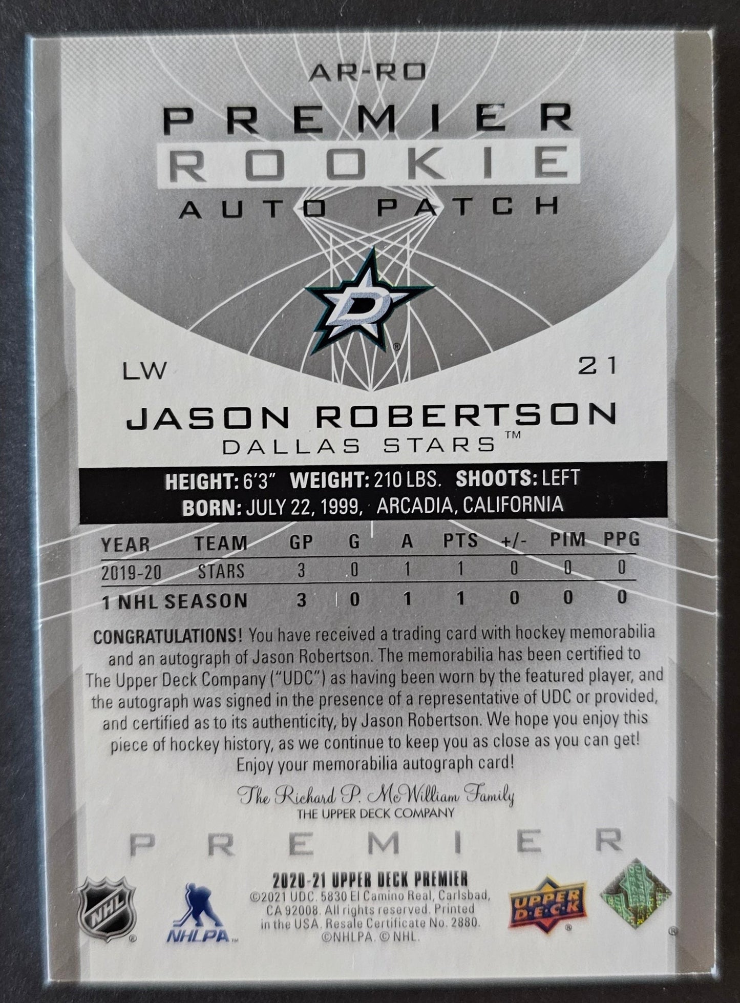 Jason Robertson Premier Rookie Auto Patch /249 - 2020/21 Premier