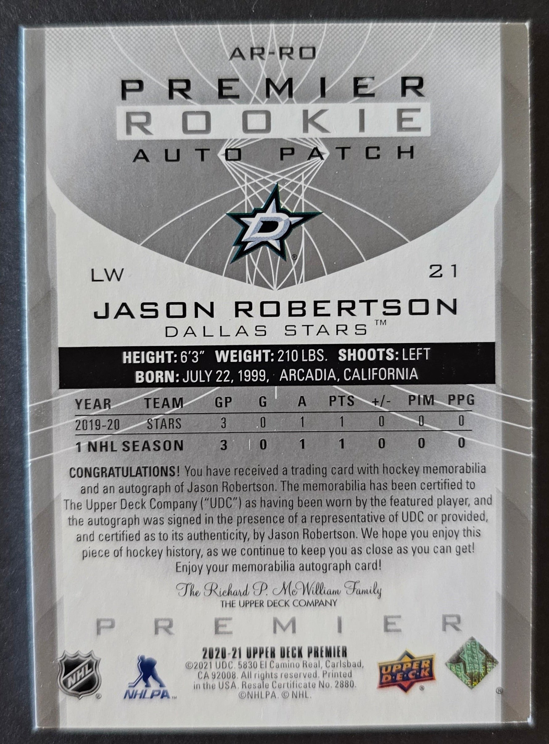 Jason Robertson Premier Rookie Auto Patch /249 - 2020/21 Premier