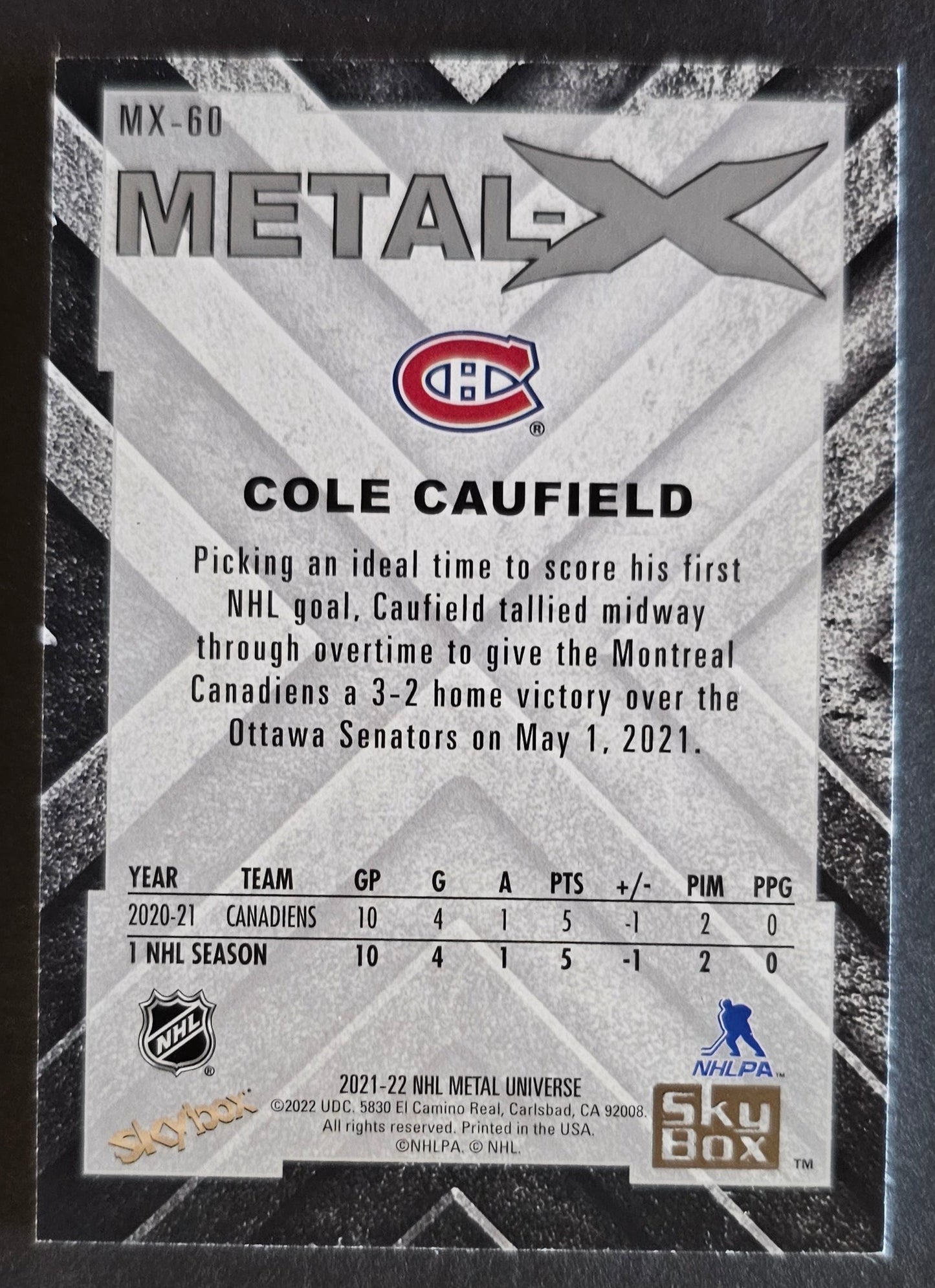 Cole Caufield Metal X - 2021/22 Skybox Metal Universe