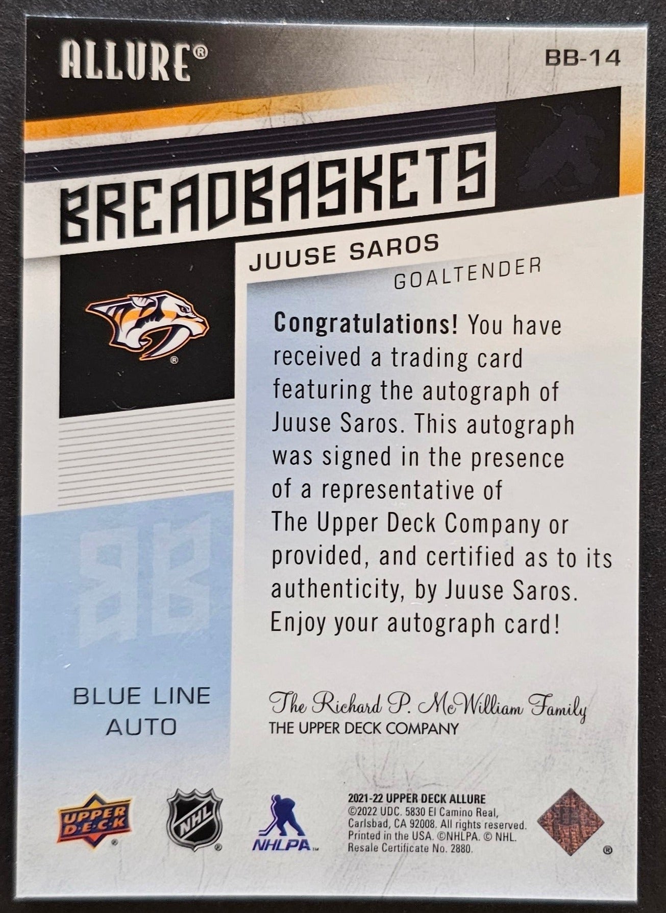 Juuse Saros Breadbaskets Blue Line Auto - 2021/22 Allure