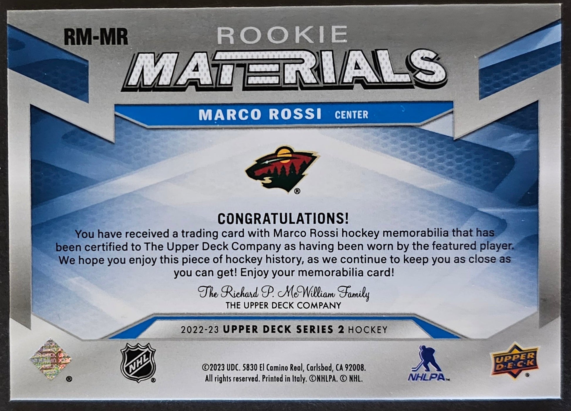 Marco Rossi Rookie Materials Jersey - 2022/23 Series 2