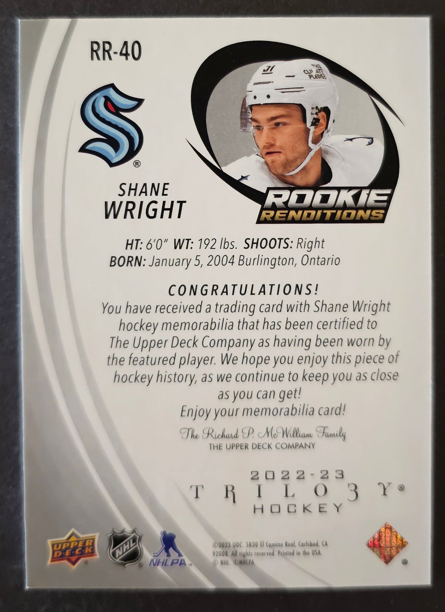 Shane Wright Rookie Renditions Jersey - 2022/23 Trilogy