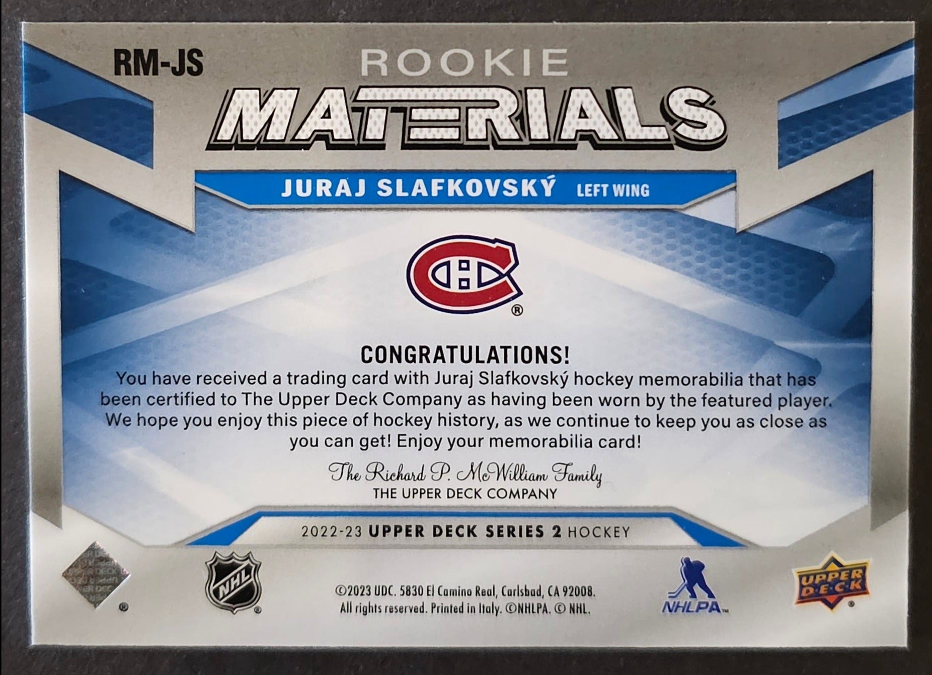 2022-23 Series 2 Rookie Materials jersey RM-JS juraj slafkovsky Canadiens  Nice!