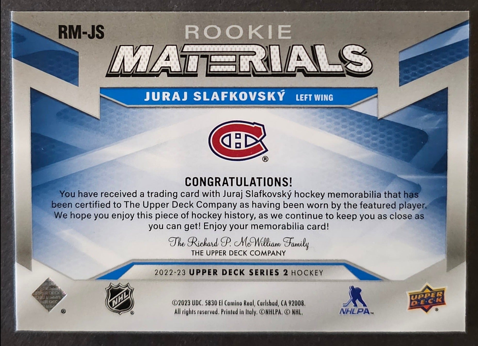 Juraj Slafkovsky Rookie Materials Jersey - 2022/23 Series 2