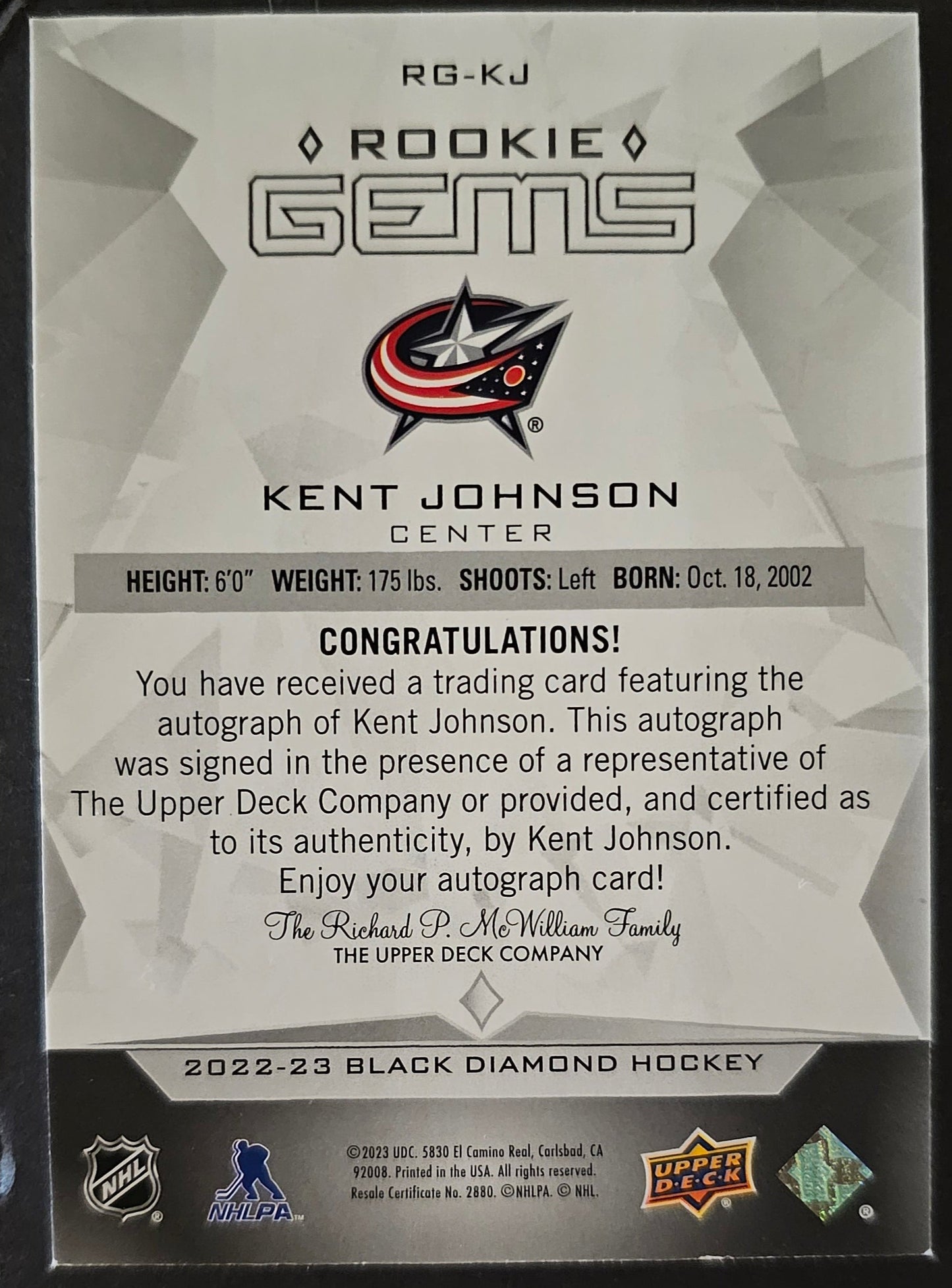 Kent Johnson Rookie Gems Auto /149 - 2022/23 Black Diamond