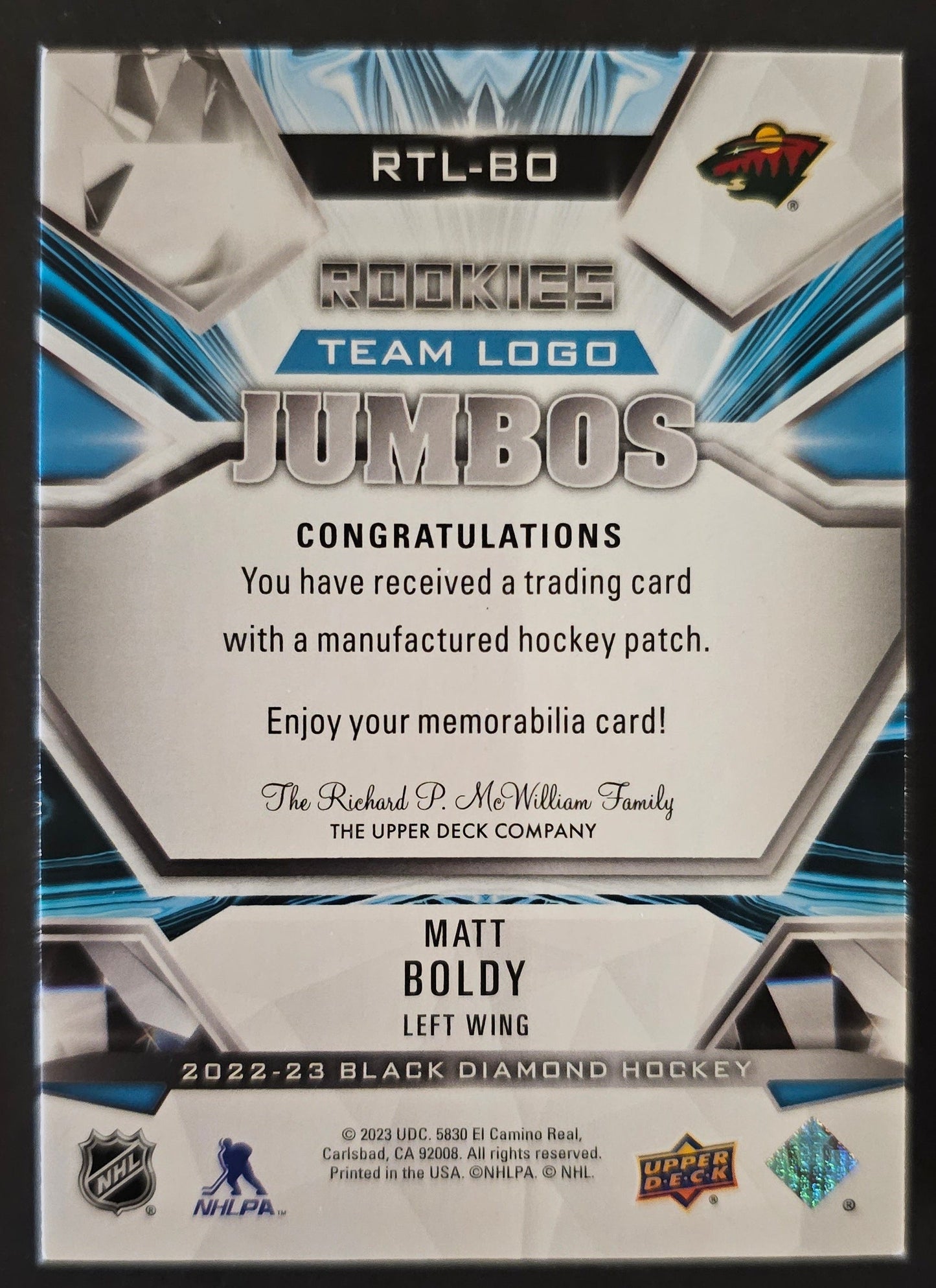 Matt Boldy Rookie Team Logo Jumbos - 2022/23 Black Diamond