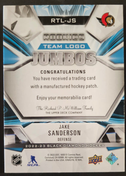 Jake Sanderson Rookie Team Logo Jumbos - 2022/23 Black Diamond