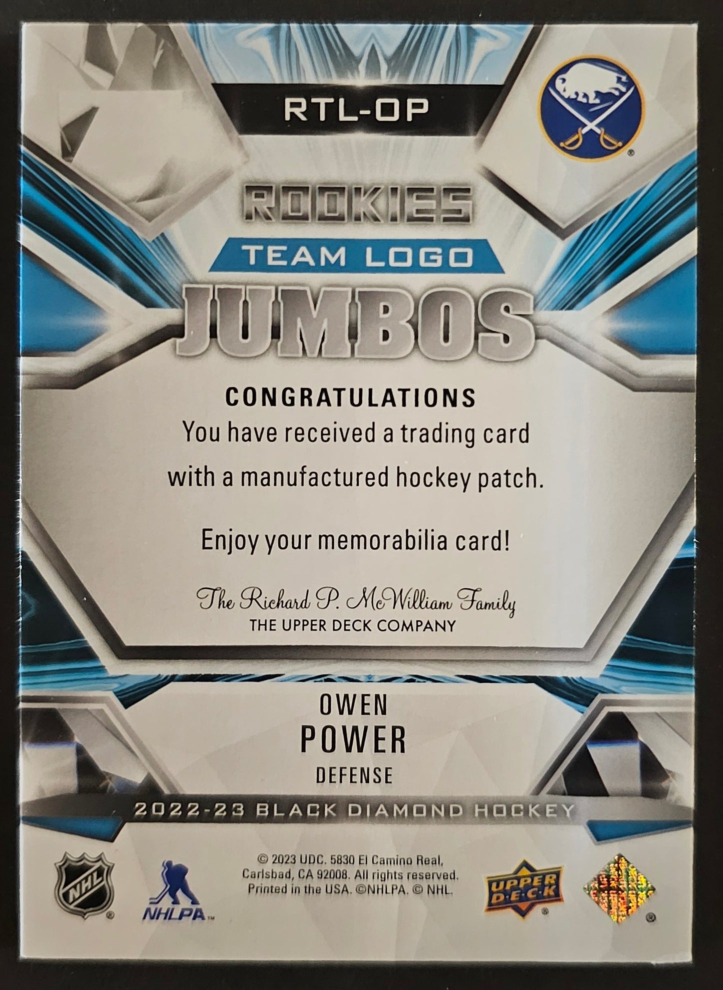 Owen Power Rookie Team Logo Jumbos - 2022/23 Black Diamond